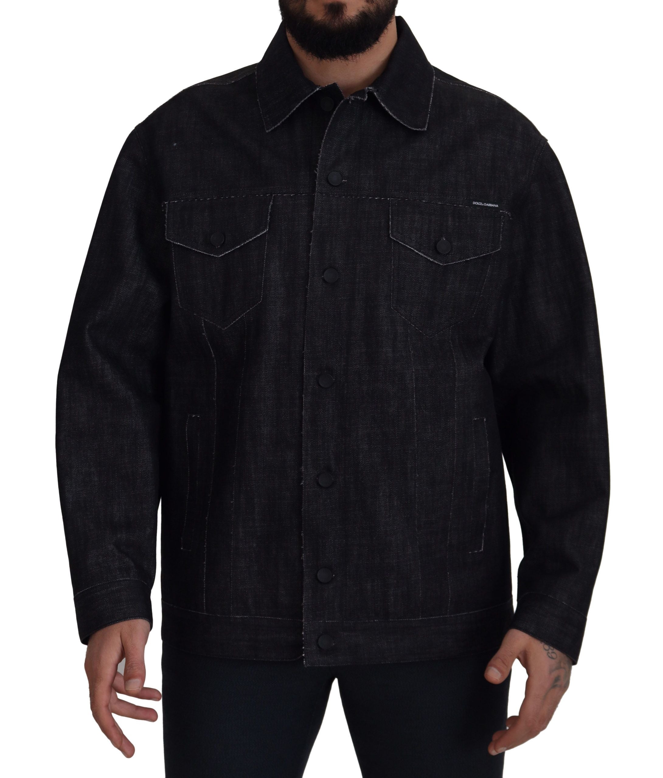 Black Cotton Full Button Denim Jacket - ventzia