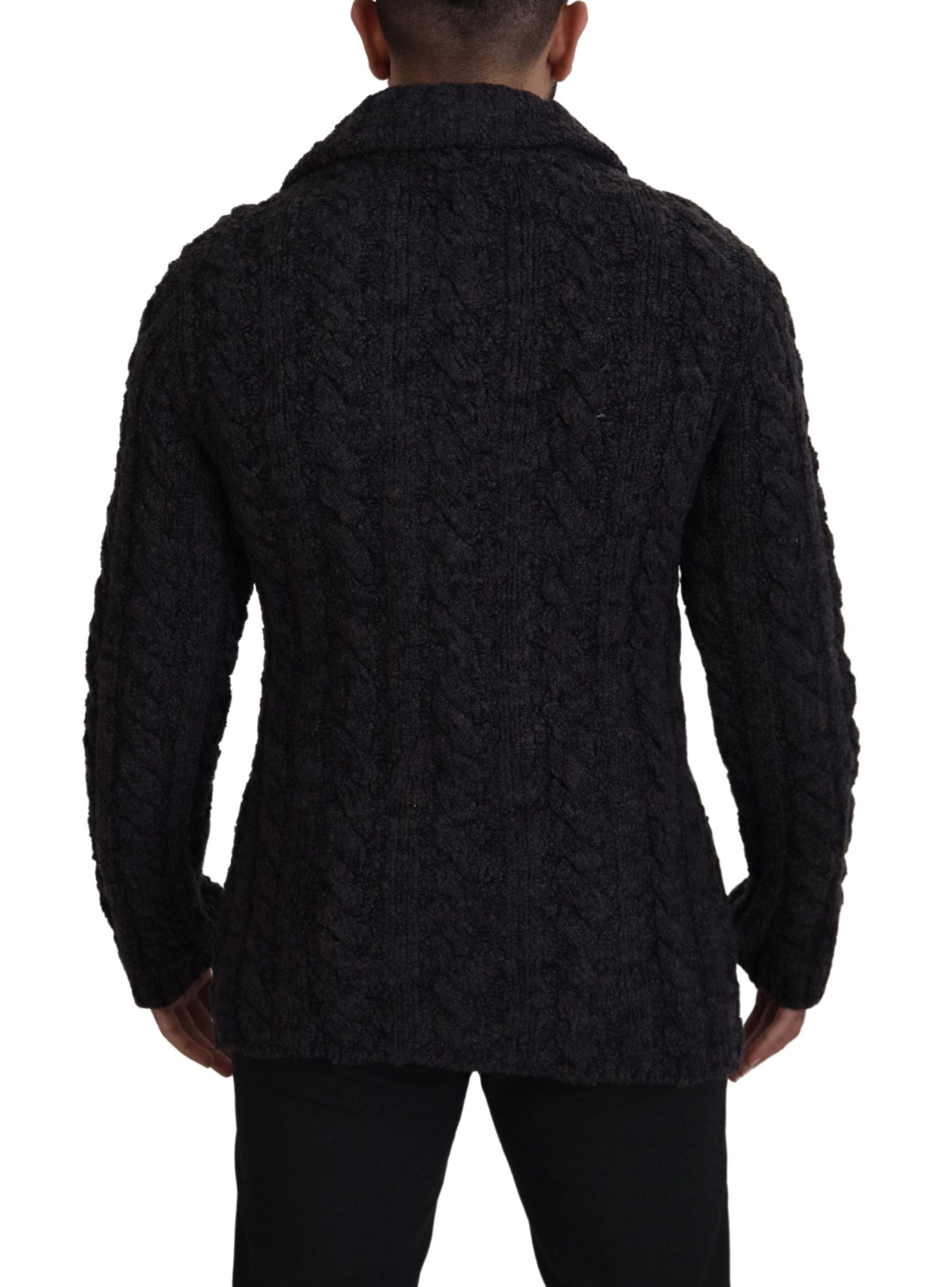 Black Wool Knit Double Breasted Coat Jacket - ventzia