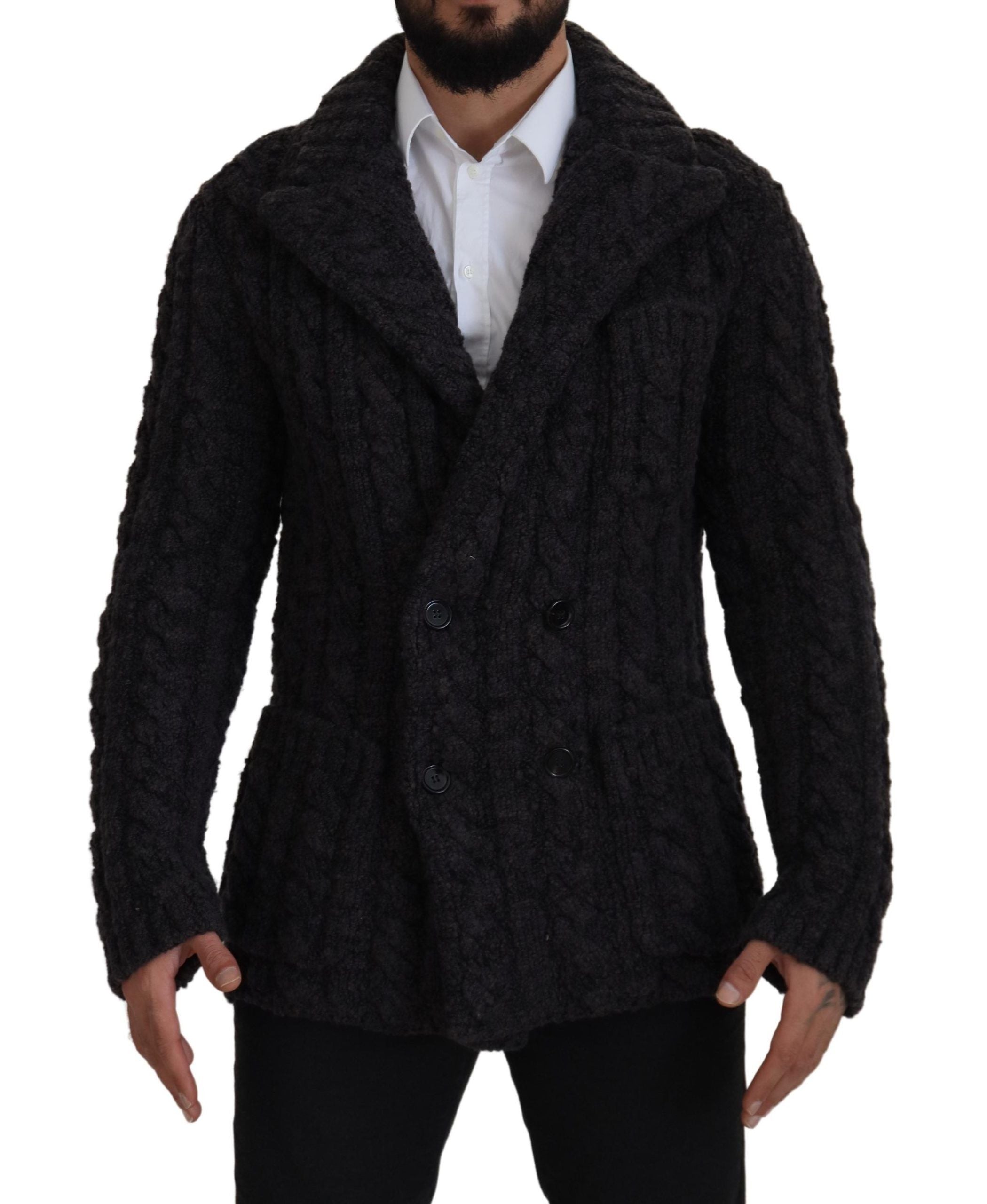 Black Wool Knit Double Breasted Coat Jacket - ventzia