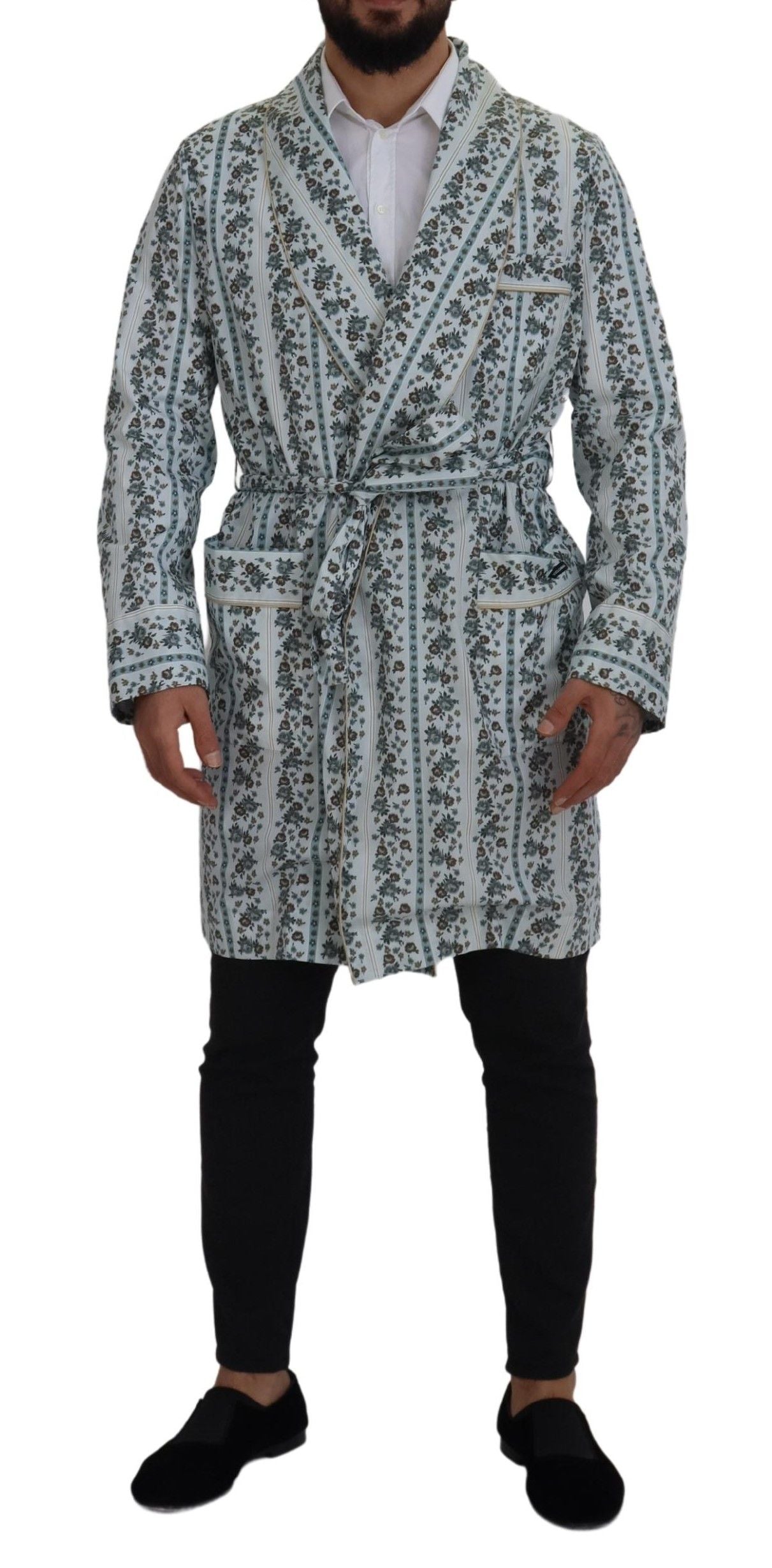 Blue Floral Cotton Robe Coat Jacket - ventzia