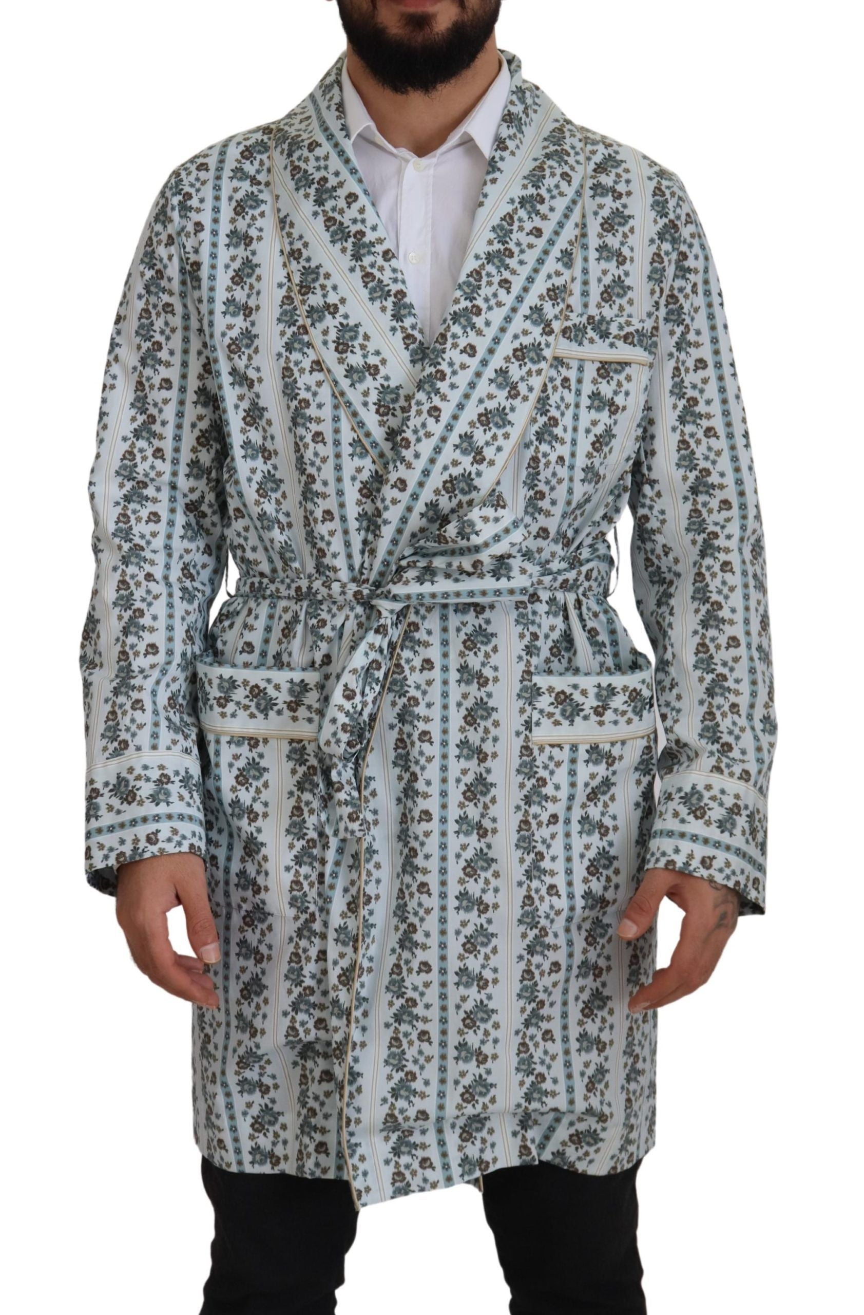 Blue Floral Cotton Robe Coat Jacket - ventzia