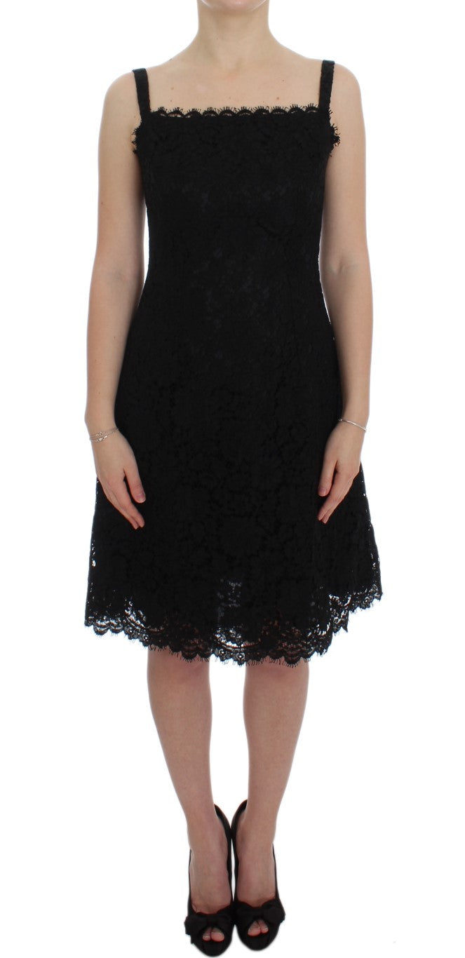 Elegant Black Floral Lace Knee-Length Dress - ventzia