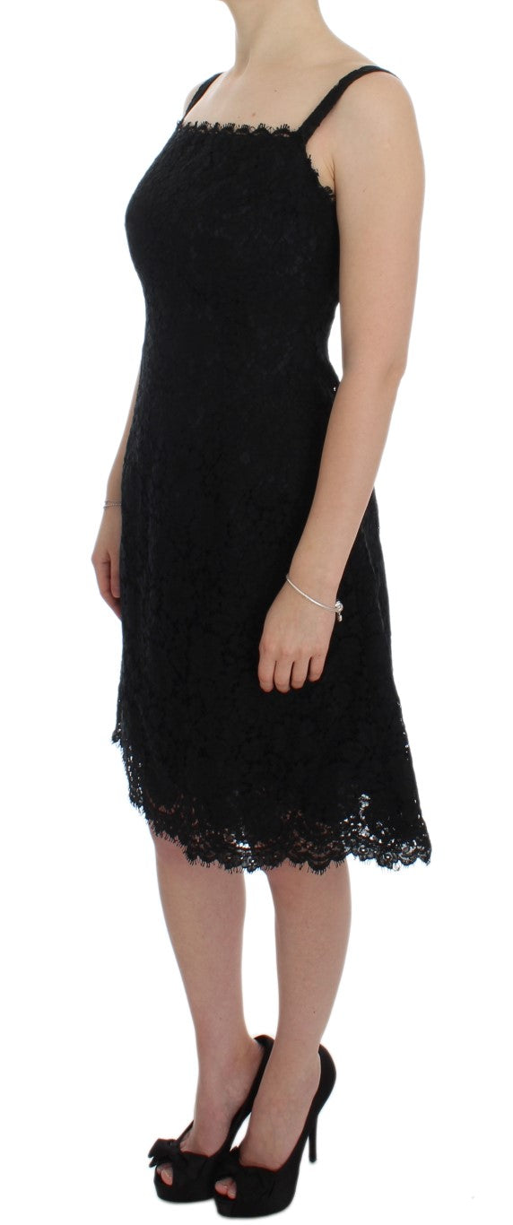 Elegant Black Floral Lace Knee-Length Dress - ventzia