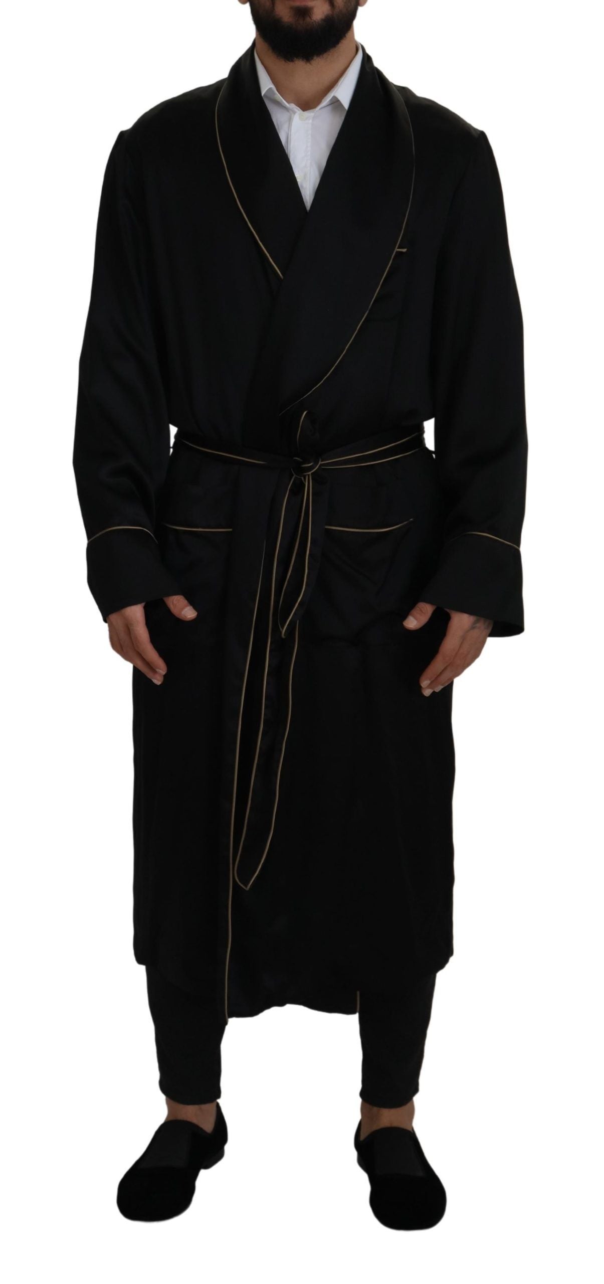 Black 100% Silk Robe Coat Wrap  Jacket - ventzia