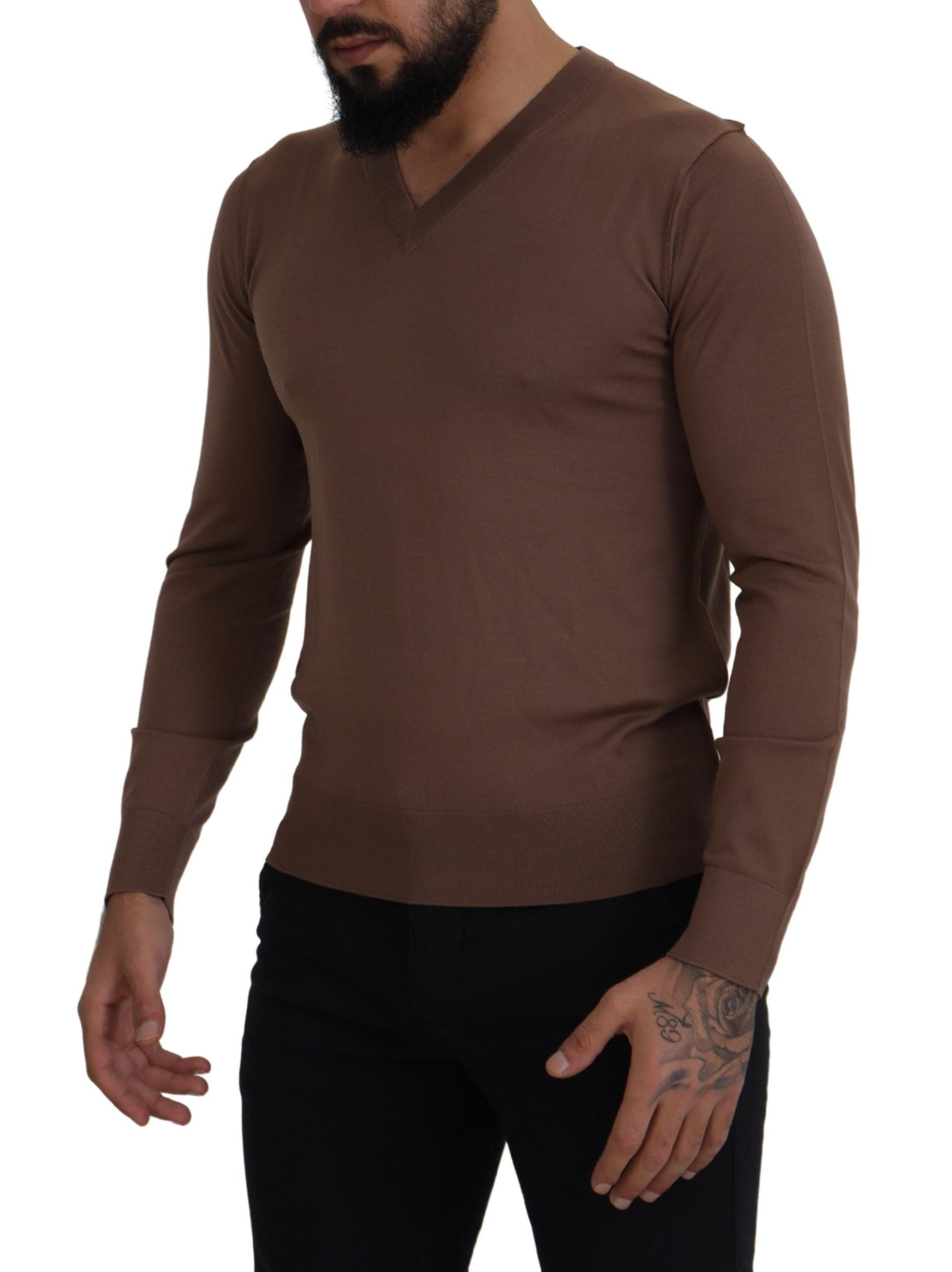 Brown Wool Men V-neck Pullover Sweater - ventzia
