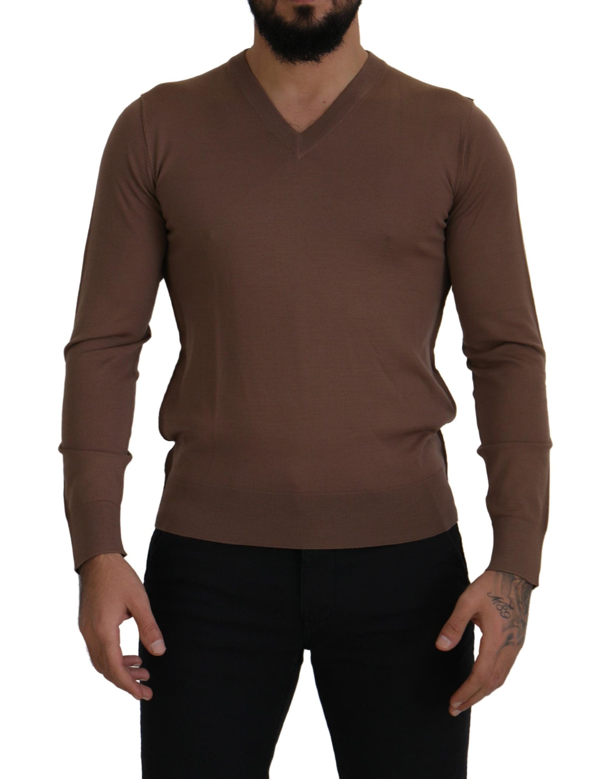 Brown Wool Men V-neck Pullover Sweater - ventzia