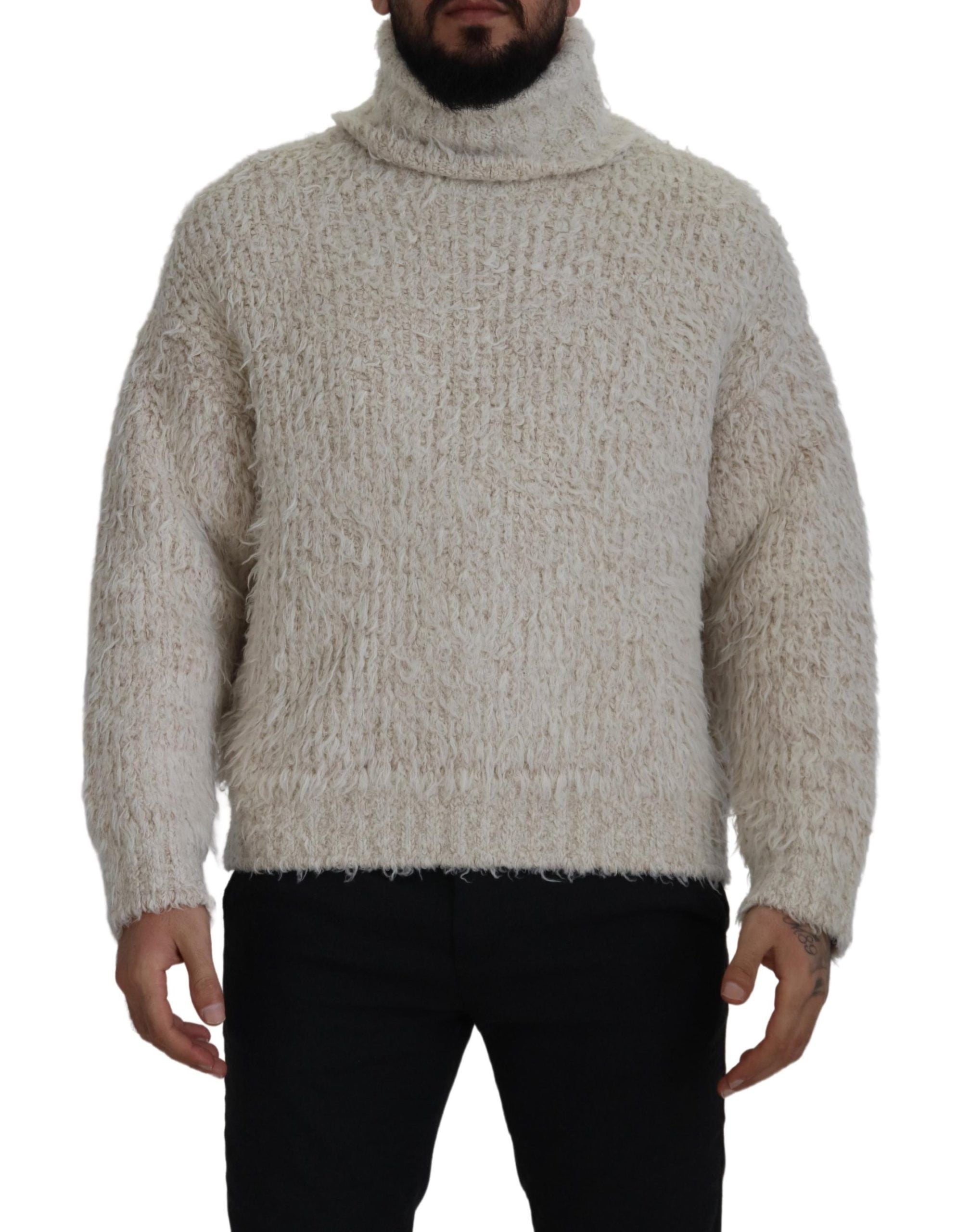 Cream Wool Knit Turtleneck Pullover Sweater - ventzia