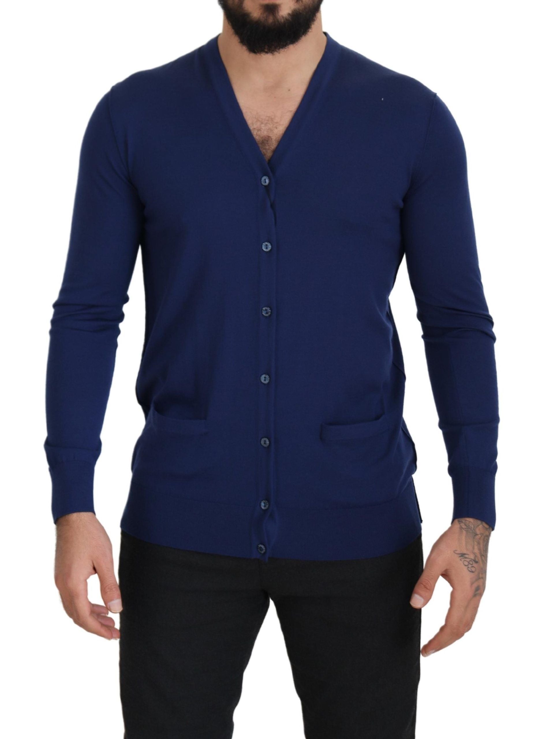 Blue Wool V-neck Button Down Cardigan Sweater - ventzia