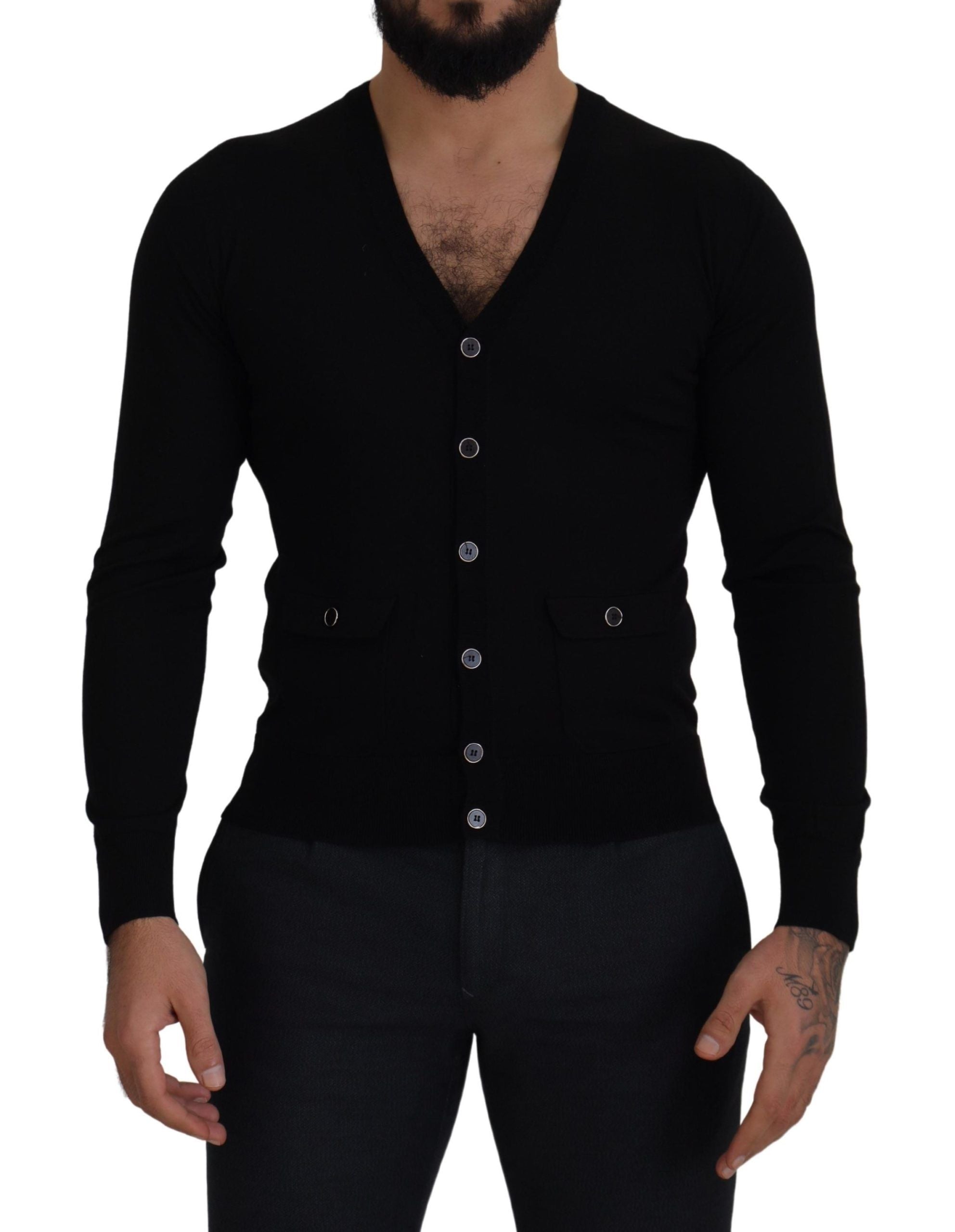 Black Wool Button Down Cardigan Sweater - ventzia