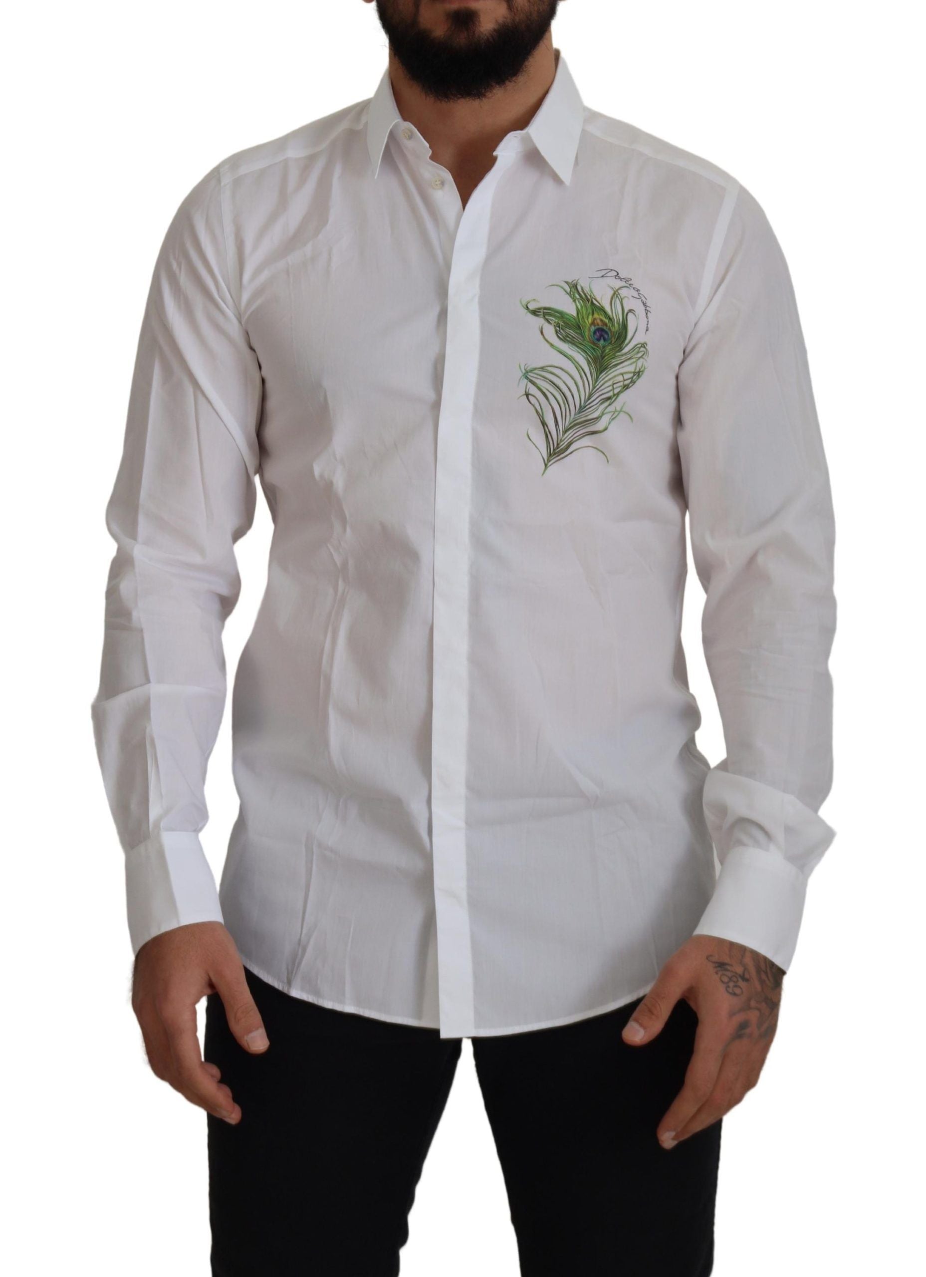 White Cotton Peacock Feather Formal GOLD Shirt - ventzia