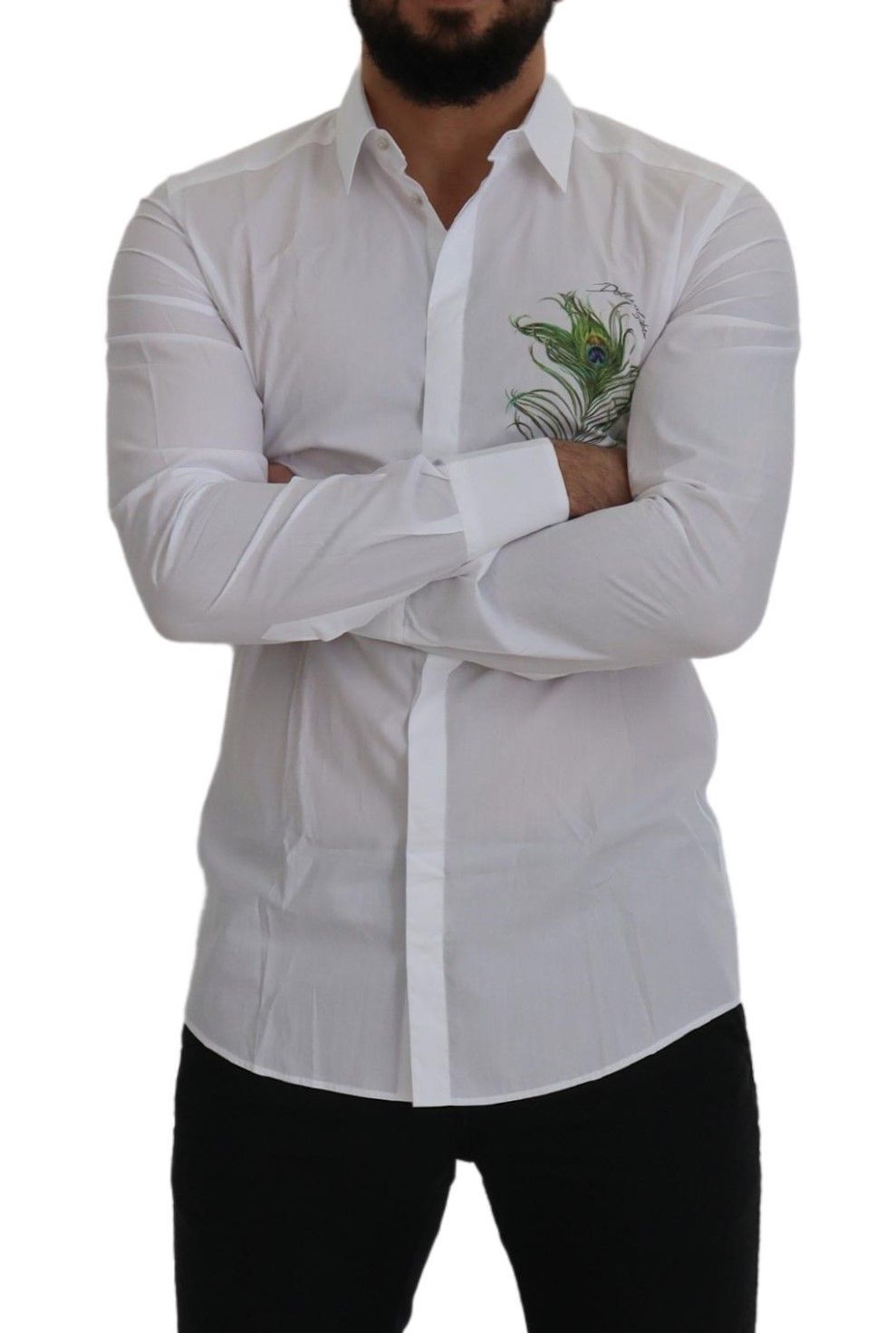 White Cotton Peacock Feather Formal GOLD Shirt - ventzia
