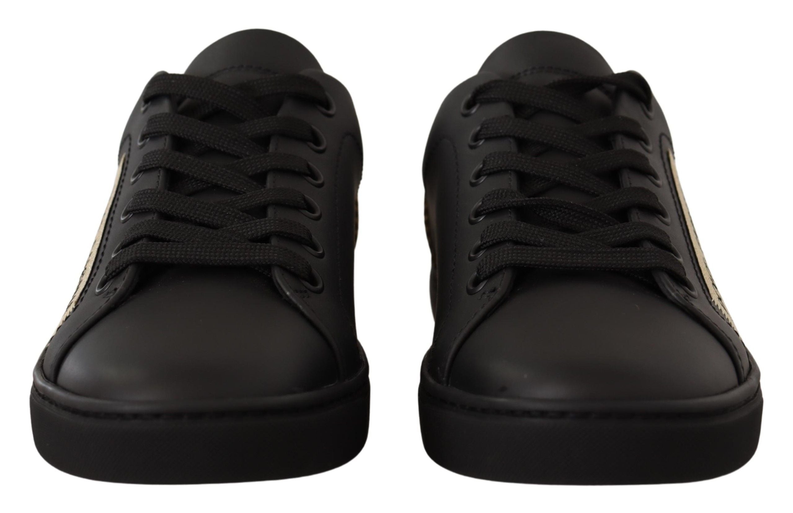Black Gold Leather Low Top Sneakers Womens Shoes - ventzia