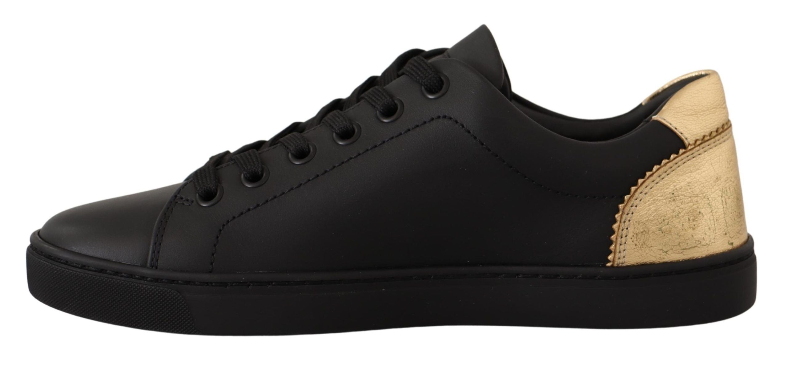 Black Gold Leather Low Top Sneakers Womens Shoes - ventzia