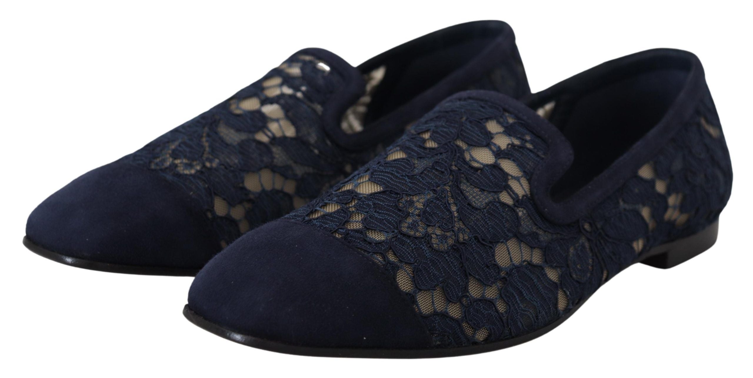 Blue Floral Lace Slip Ons Loafers Flats Shoes - ventzia