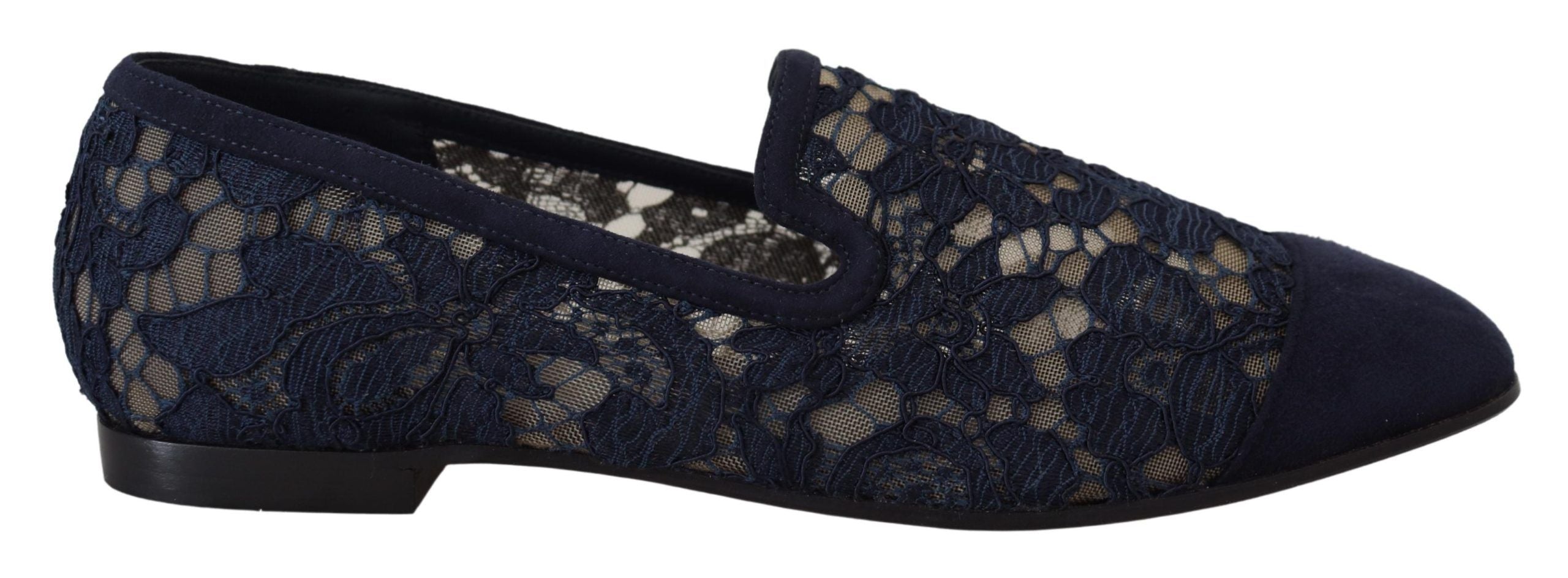 Blue Floral Lace Slip Ons Loafers Flats Shoes - ventzia