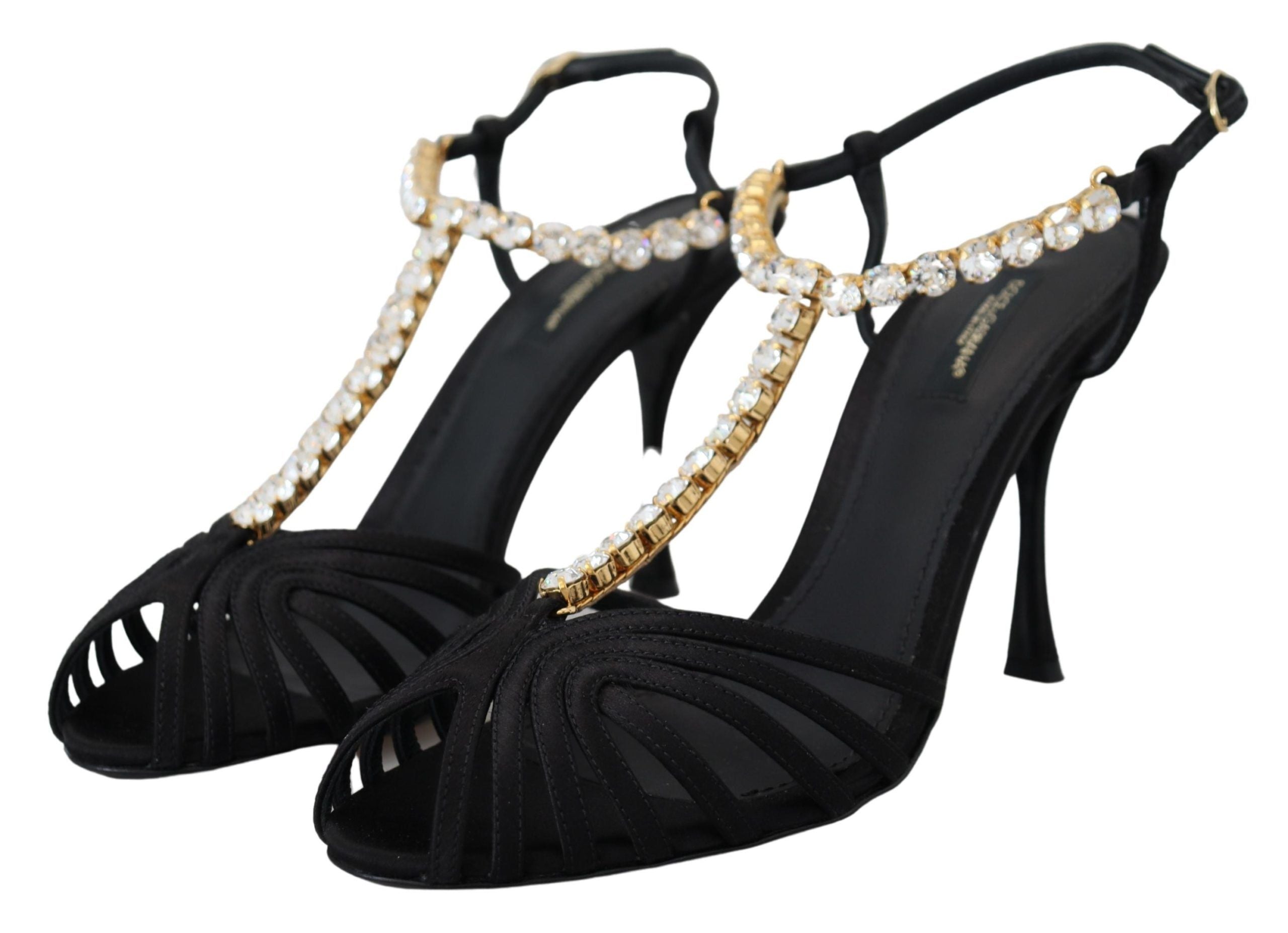 Black Satin Clear Crystal T-strap Sandal Shoes - ventzia