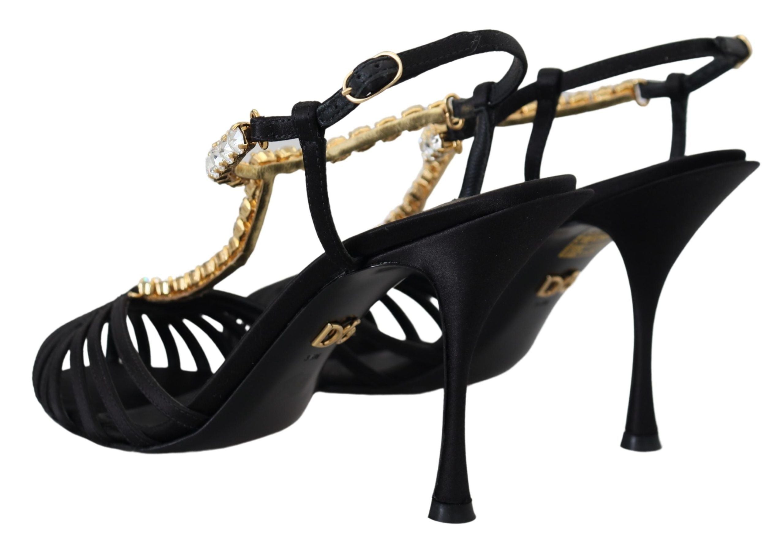 Black Satin Clear Crystal T-strap Sandal Shoes - ventzia