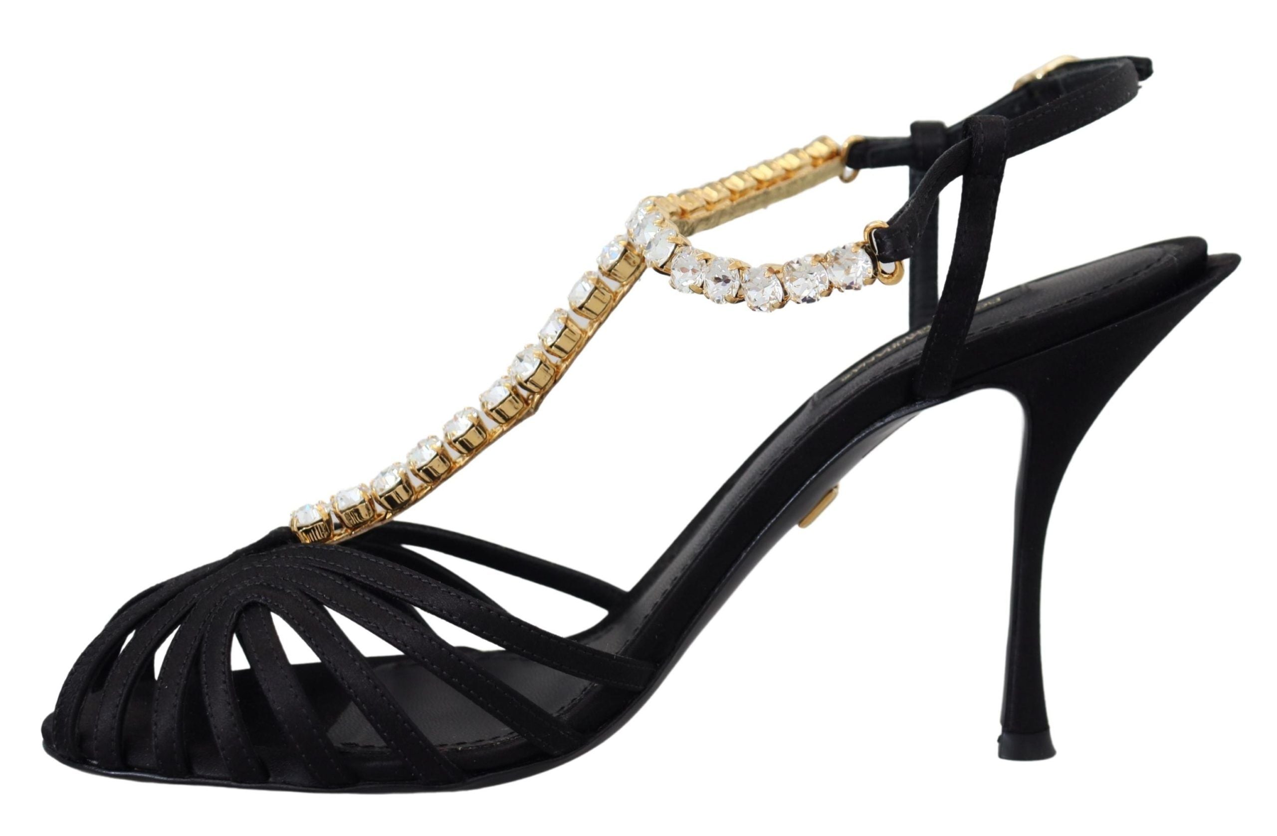 Black Satin Clear Crystal T-strap Sandal Shoes - ventzia