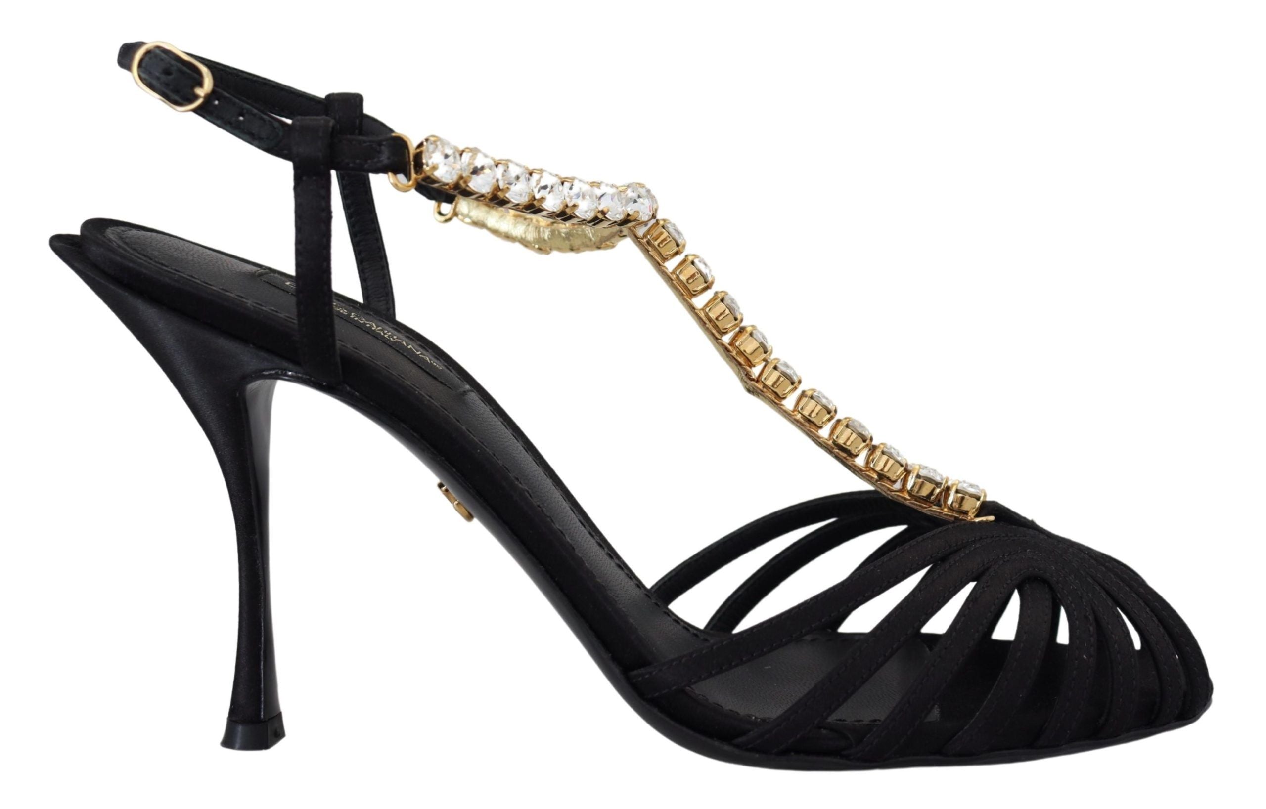 Black Satin Clear Crystal T-strap Sandal Shoes - ventzia