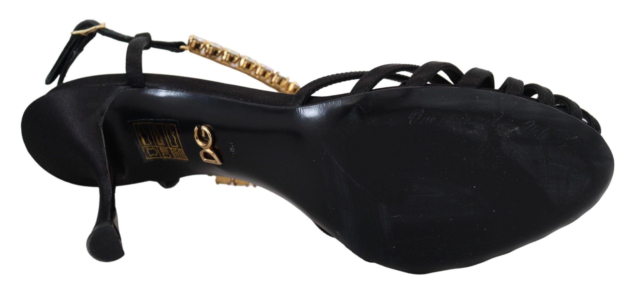Black Satin Clear Crystal T-strap Sandal Shoes - ventzia