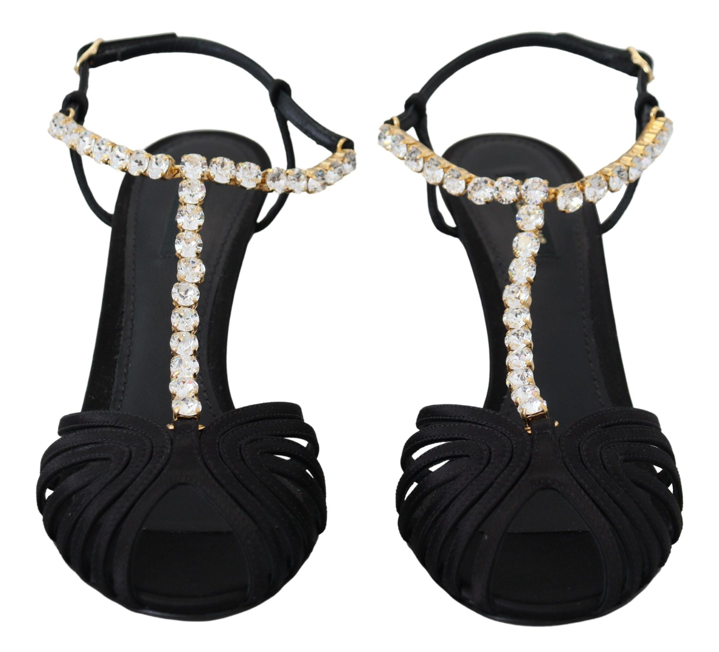 Black Satin Clear Crystal T-strap Sandal Shoes - ventzia