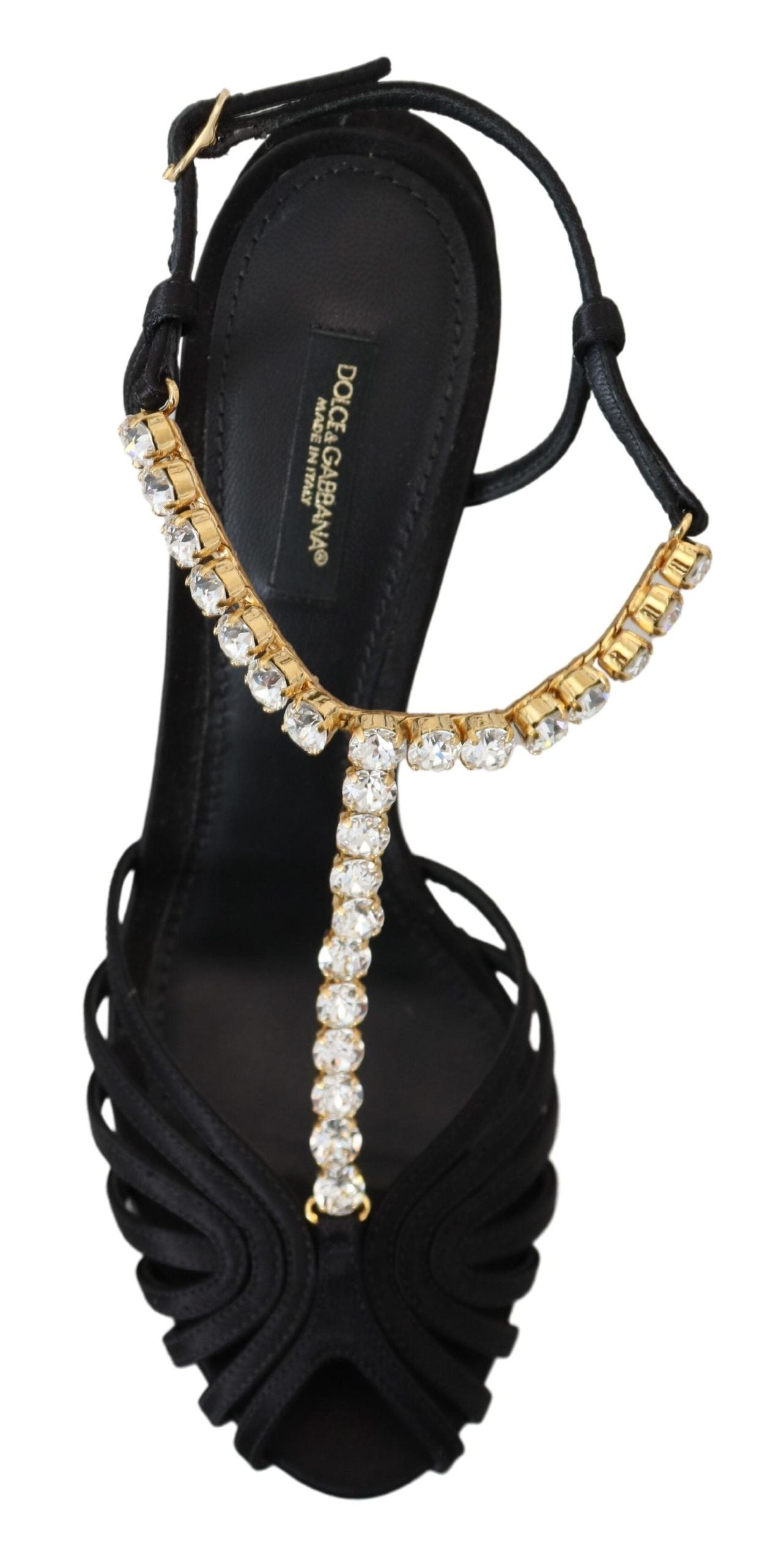 Black Satin Clear Crystal T-strap Sandal Shoes - ventzia