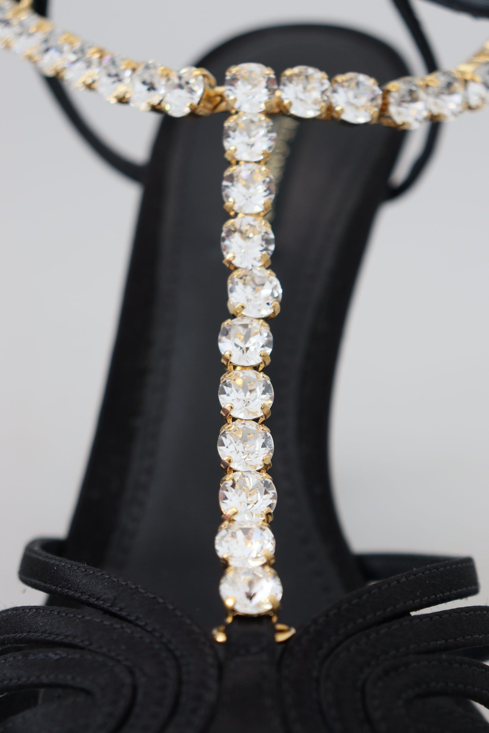 Black Satin Clear Crystal T-strap Sandal Shoes - ventzia