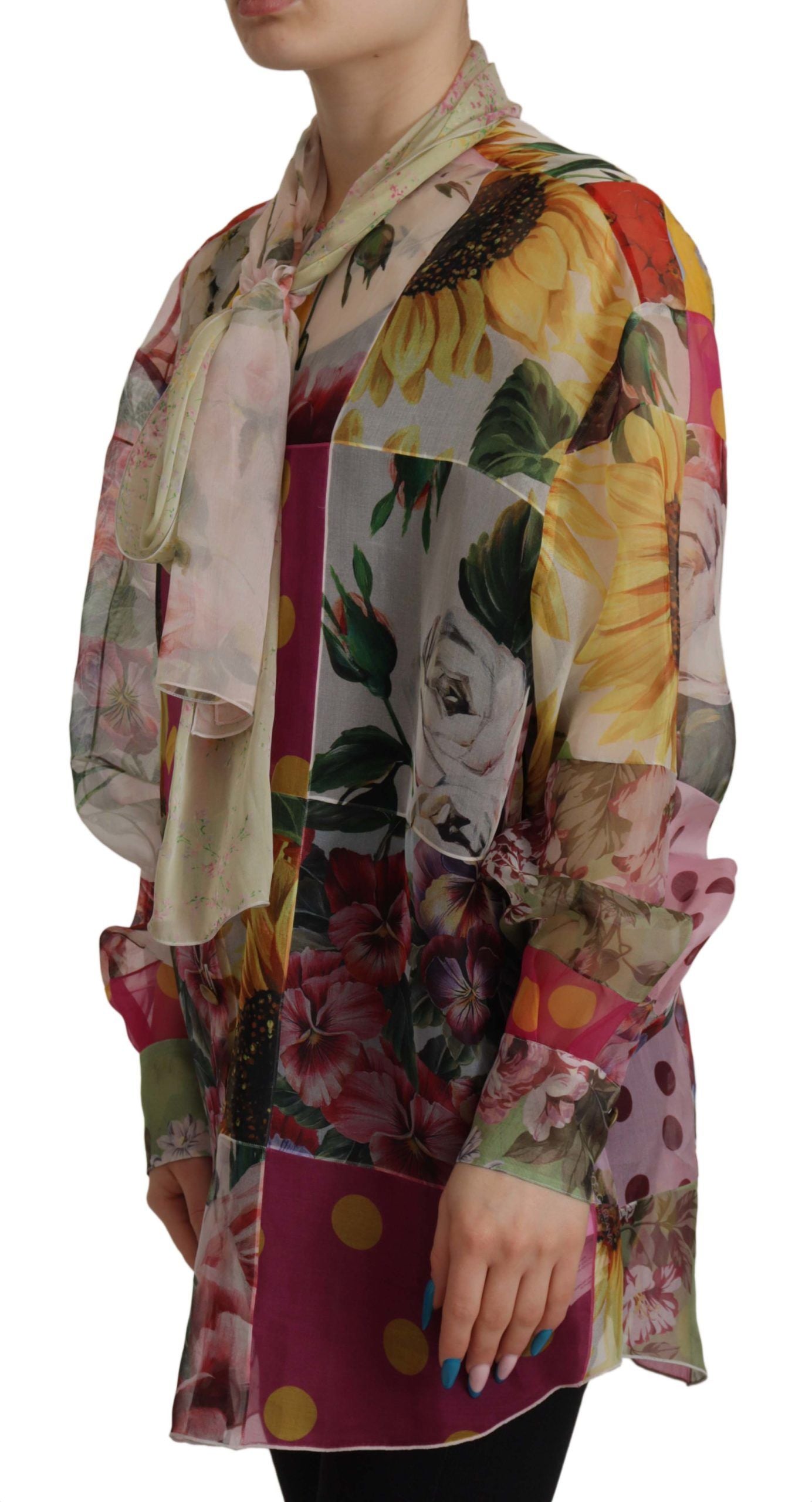 Multicolor Ascot Collar Patchwork Blouse Top - ventzia