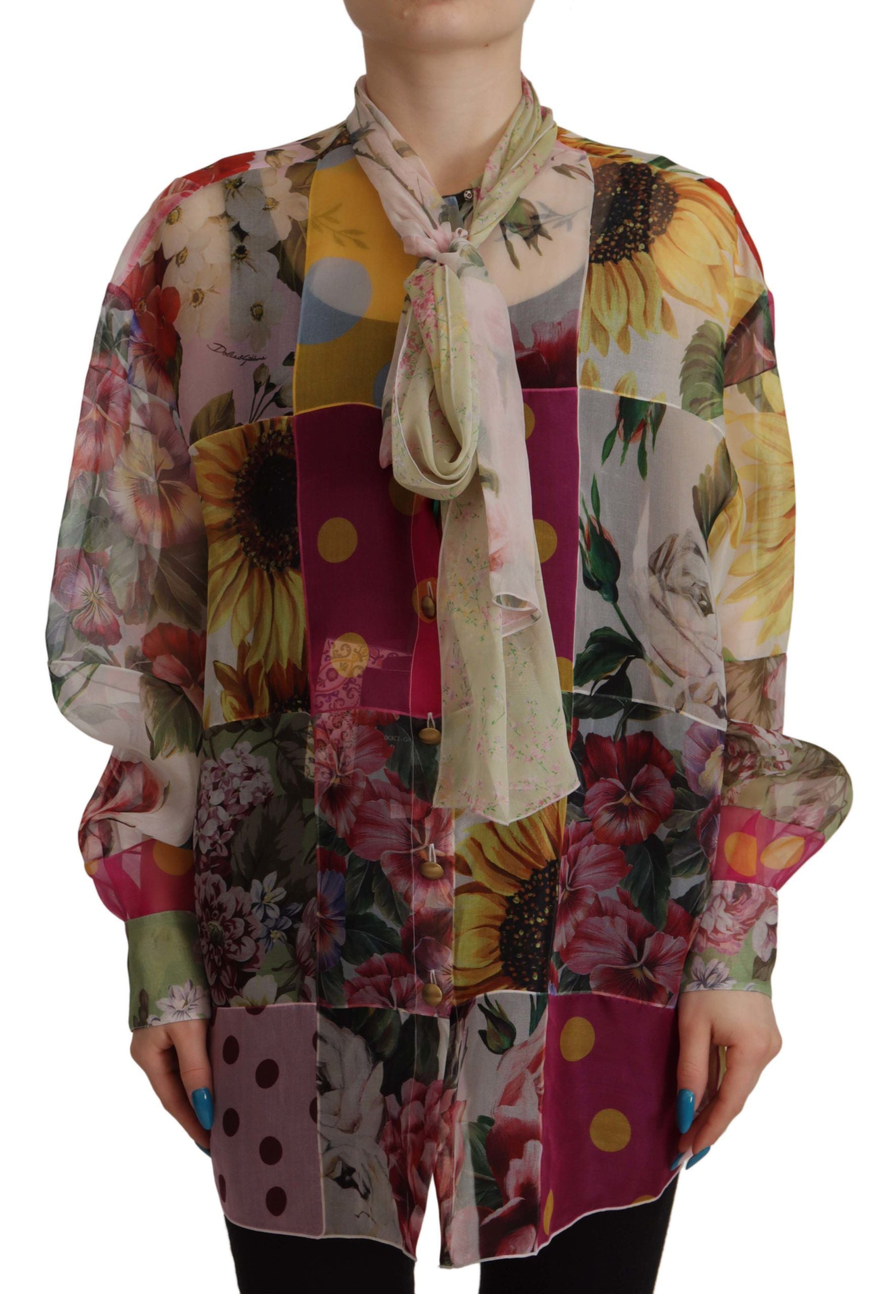 Multicolor Ascot Collar Patchwork Blouse Top - ventzia