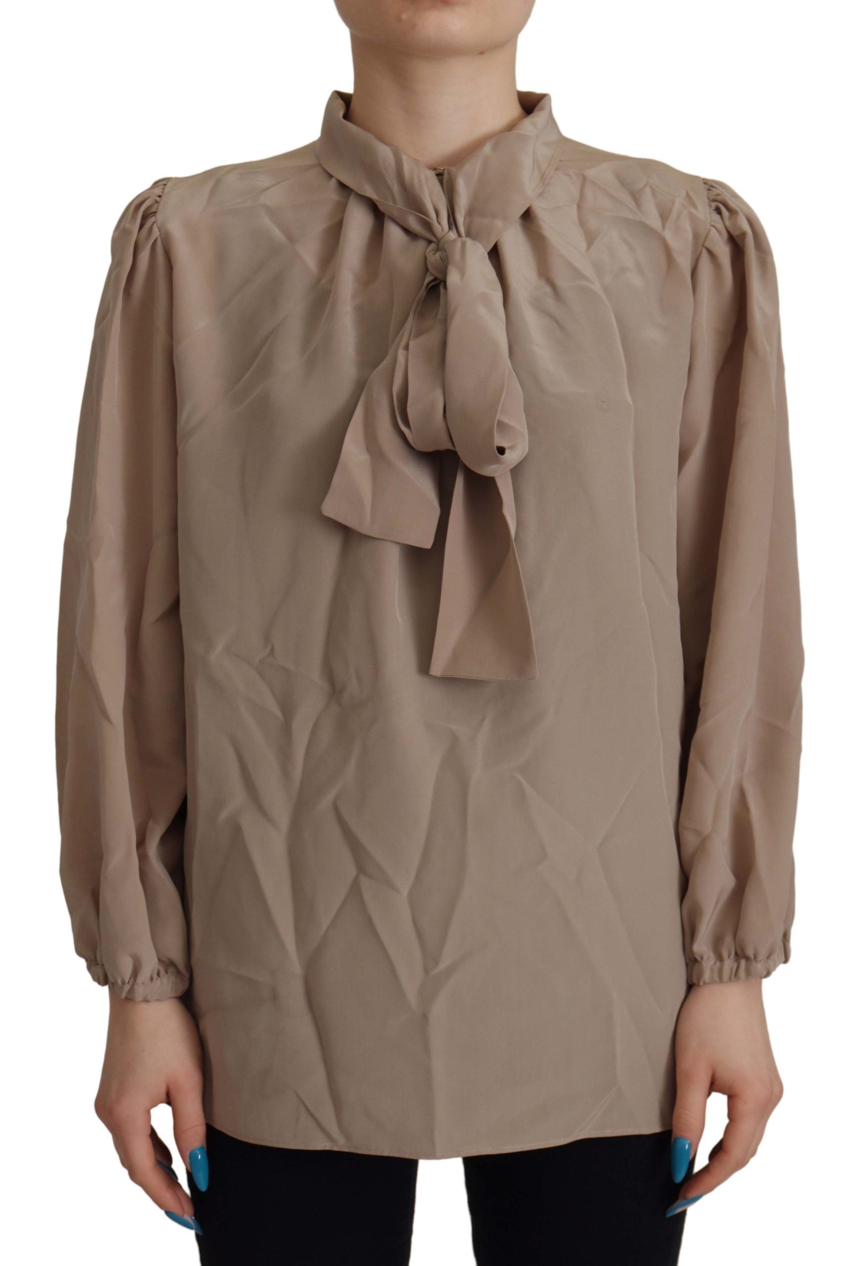 Brown Waistband Sleeves Ascot Collar Top Blouse - ventzia