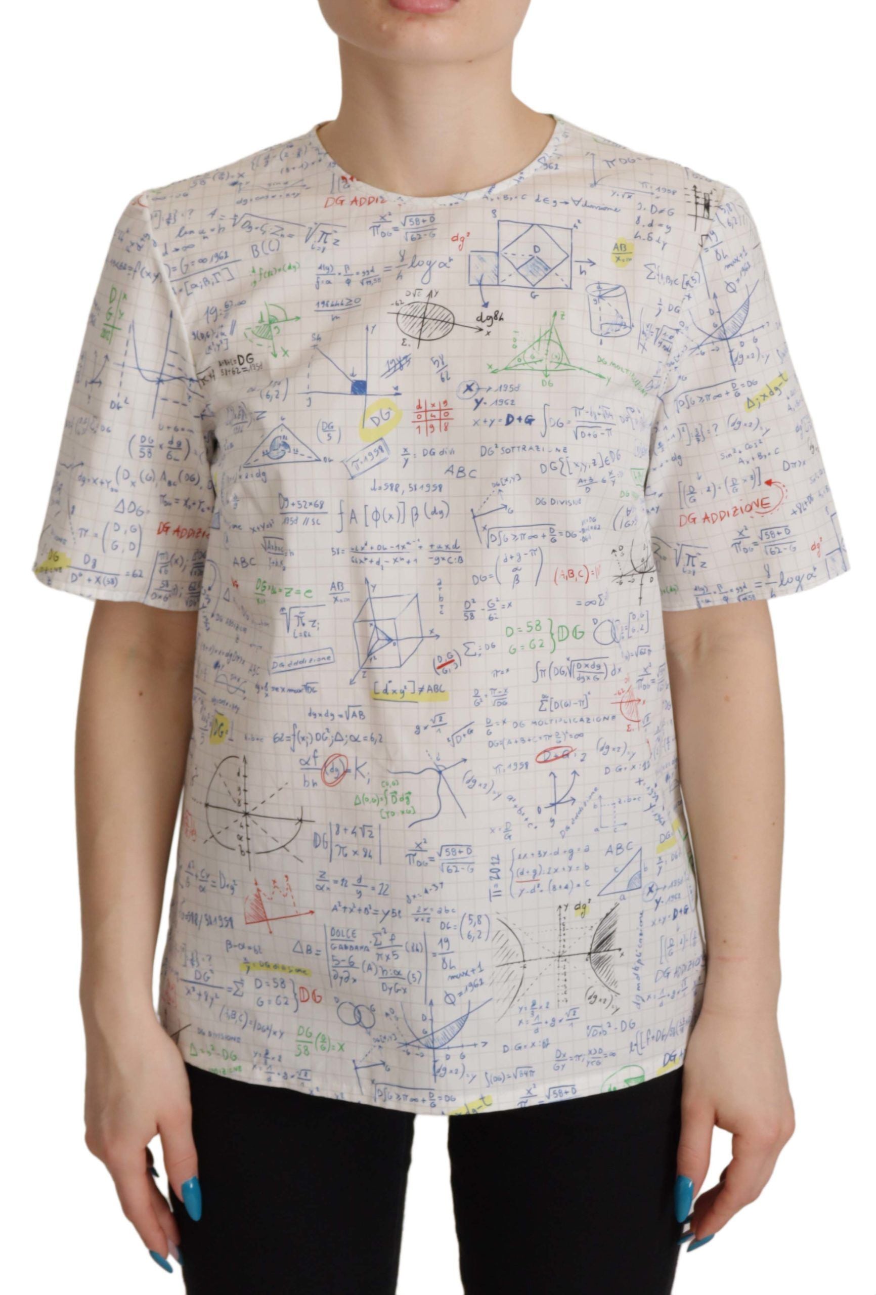 White Cotton Algebra Print Short Sleeves Top - ventzia