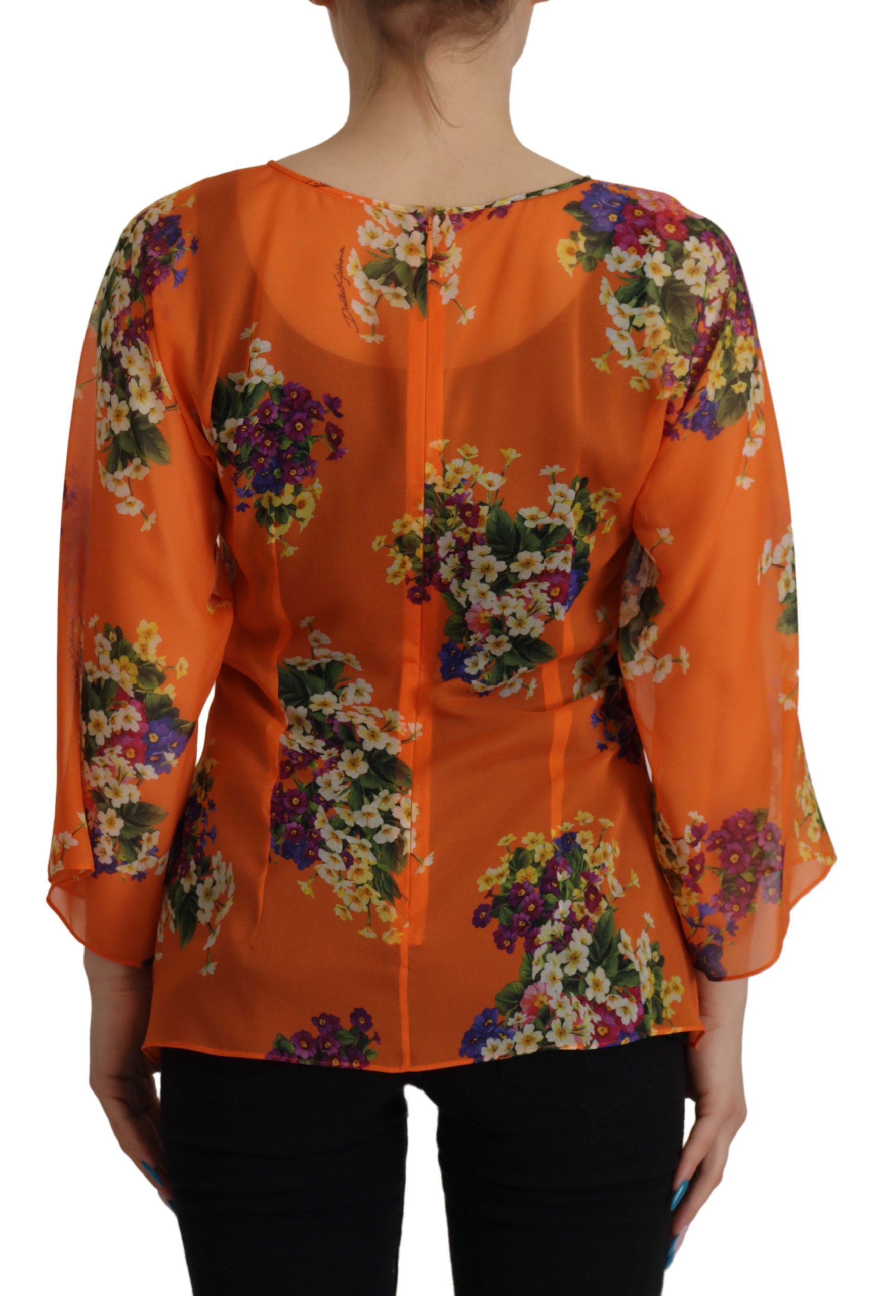 Orange Floral Print Long Sleeve Blouse - ventzia