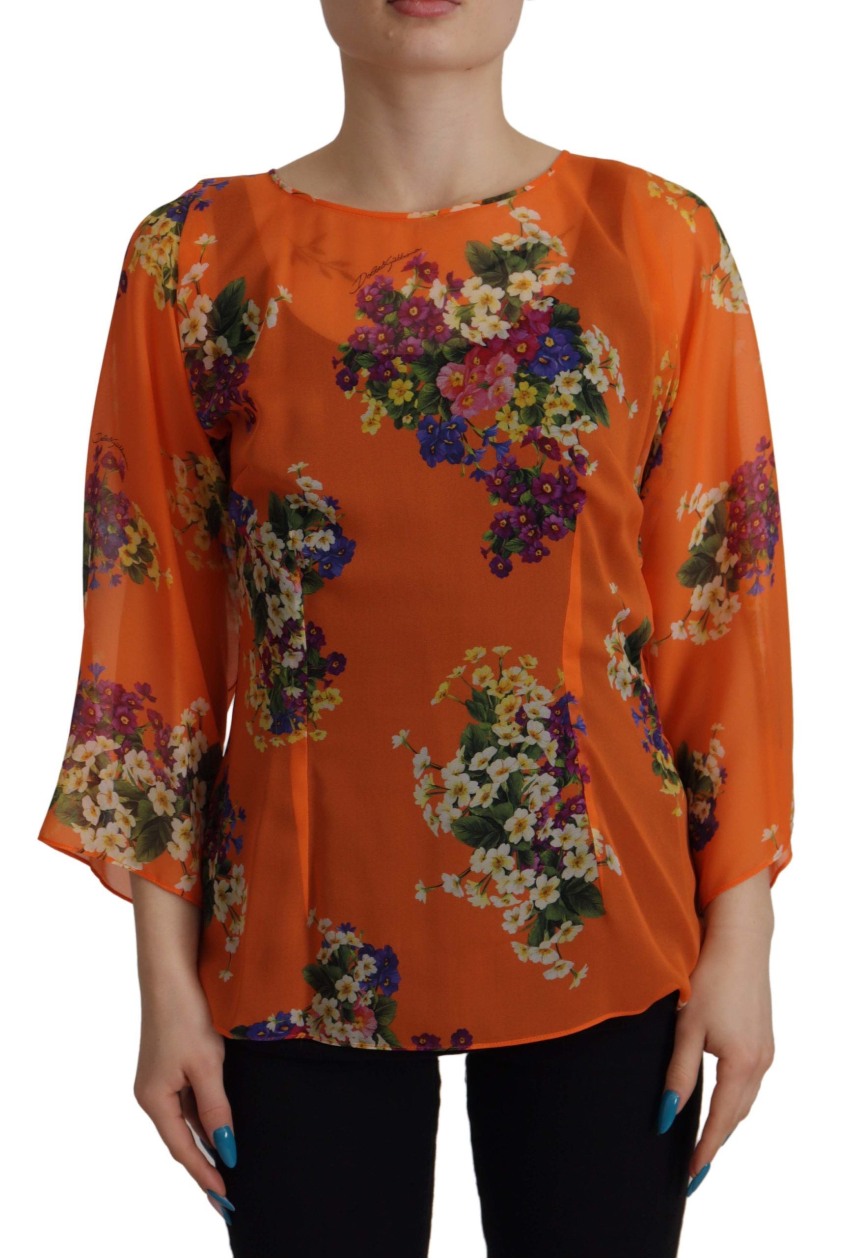 Orange Floral Print Long Sleeve Blouse - ventzia