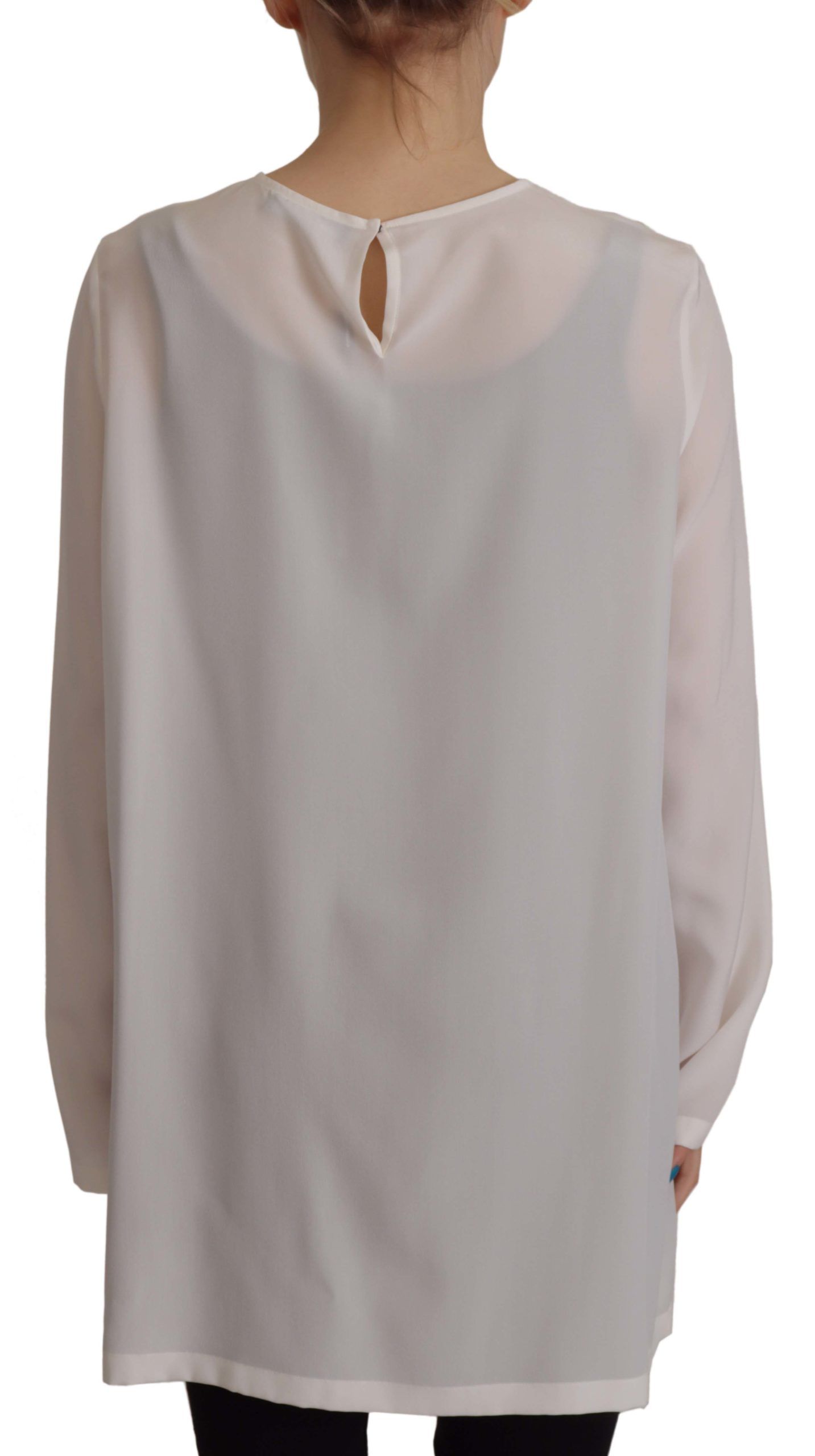 White Silk DG Logo Embroidered Long Sleeves Blouse - ventzia