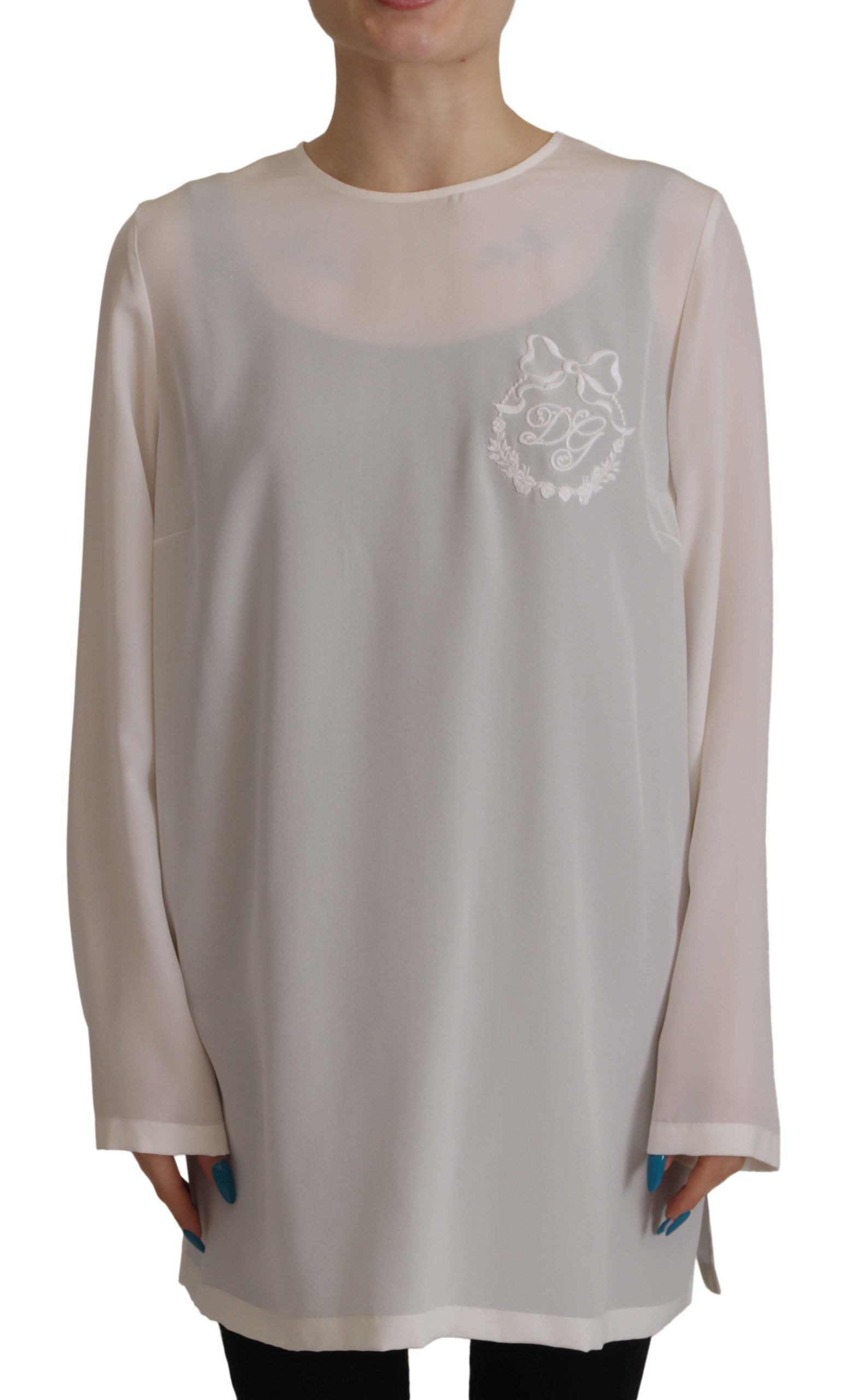 White Silk DG Logo Embroidered Long Sleeves Blouse - ventzia
