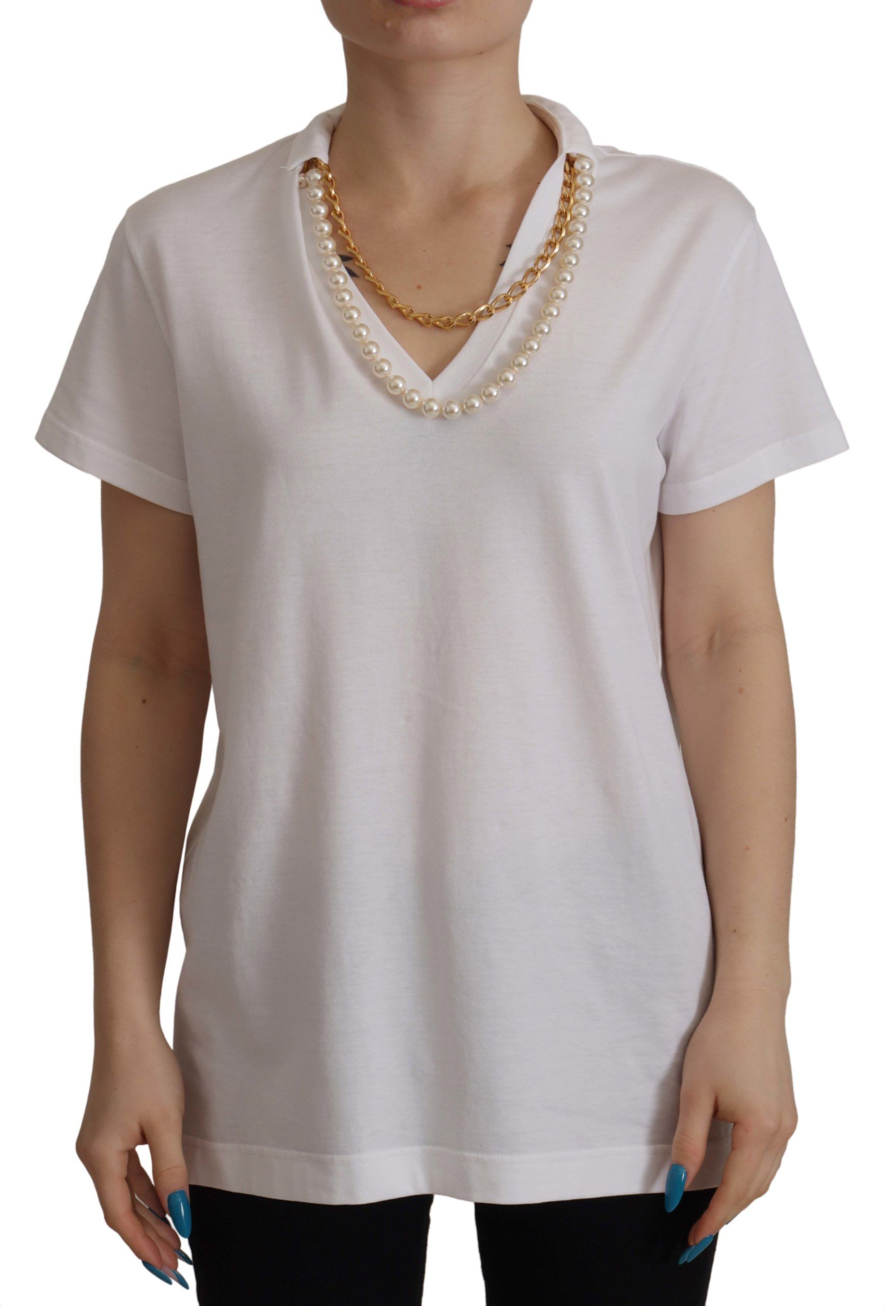 White Necklace Embellished Neckline T-shirt Top - ventzia