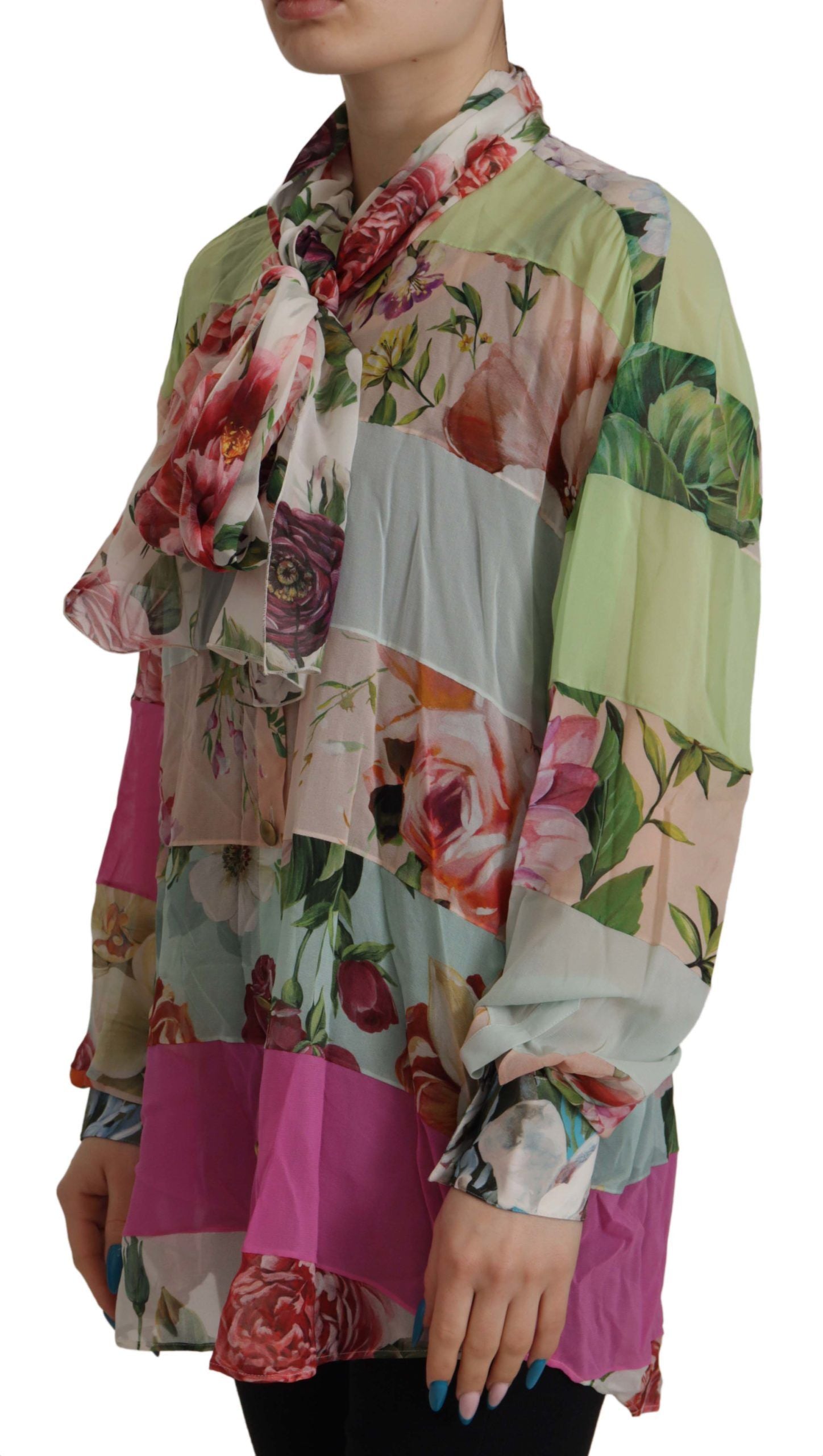 Multicolor  Floral Patchwork Design Ascot Collar Top Blouse - ventzia