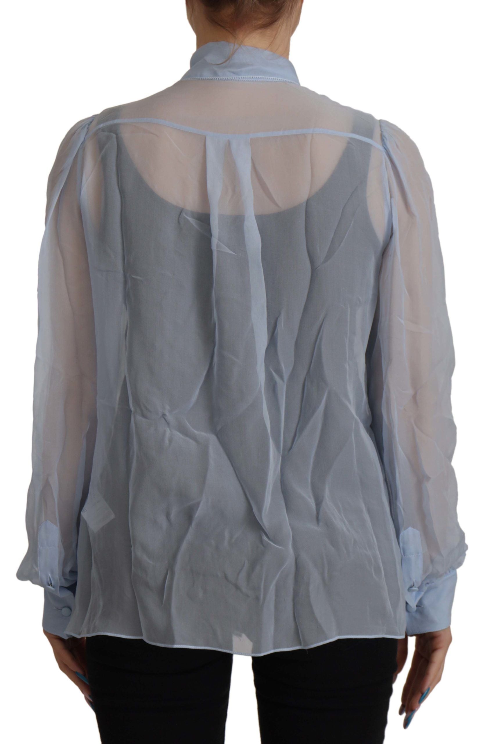 Light Blue Silk Ascot Collar Long Sleeves Top - ventzia