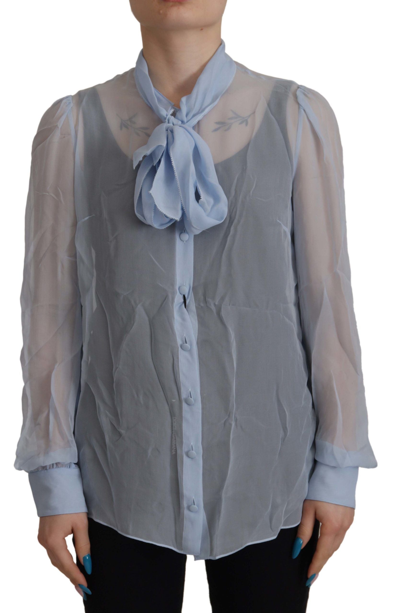 Light Blue Silk Ascot Collar Long Sleeves Top - ventzia