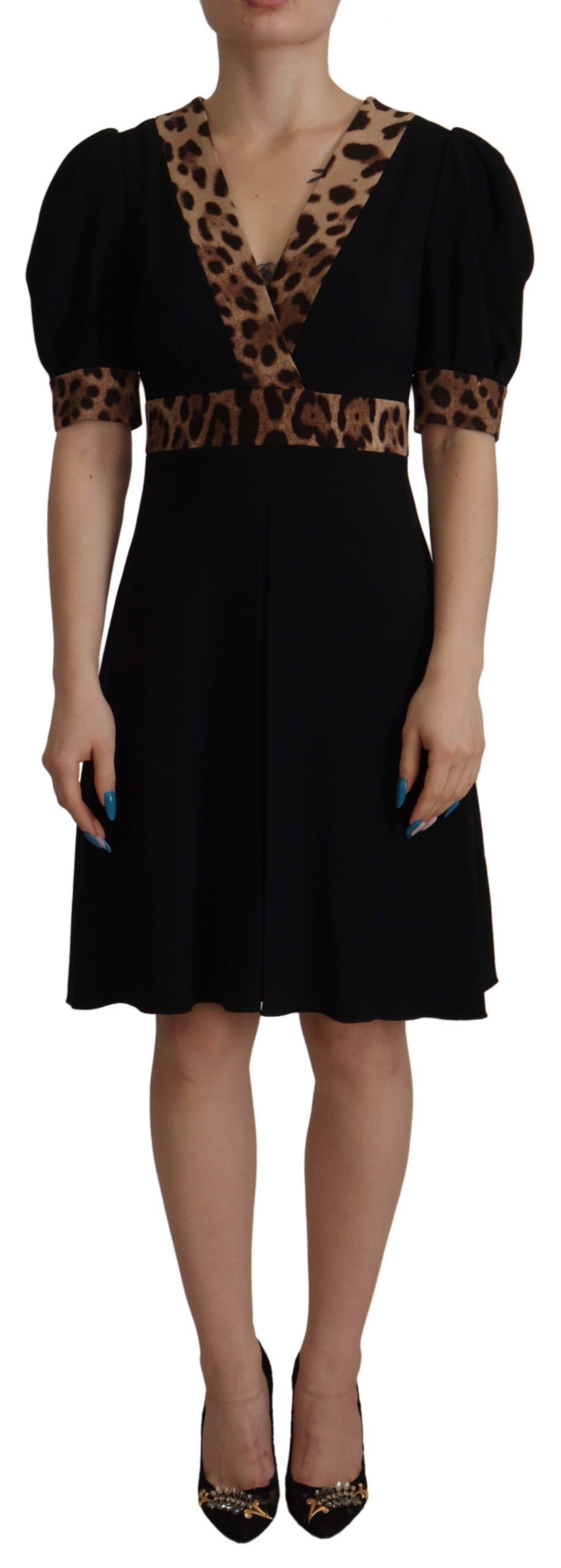 Black Leopard A-line Knee Length Dress - ventzia