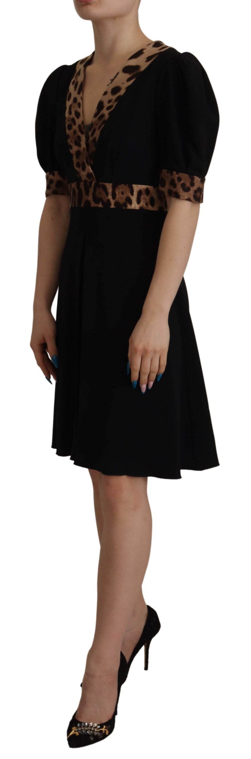 Black Leopard A-line Knee Length Dress - ventzia