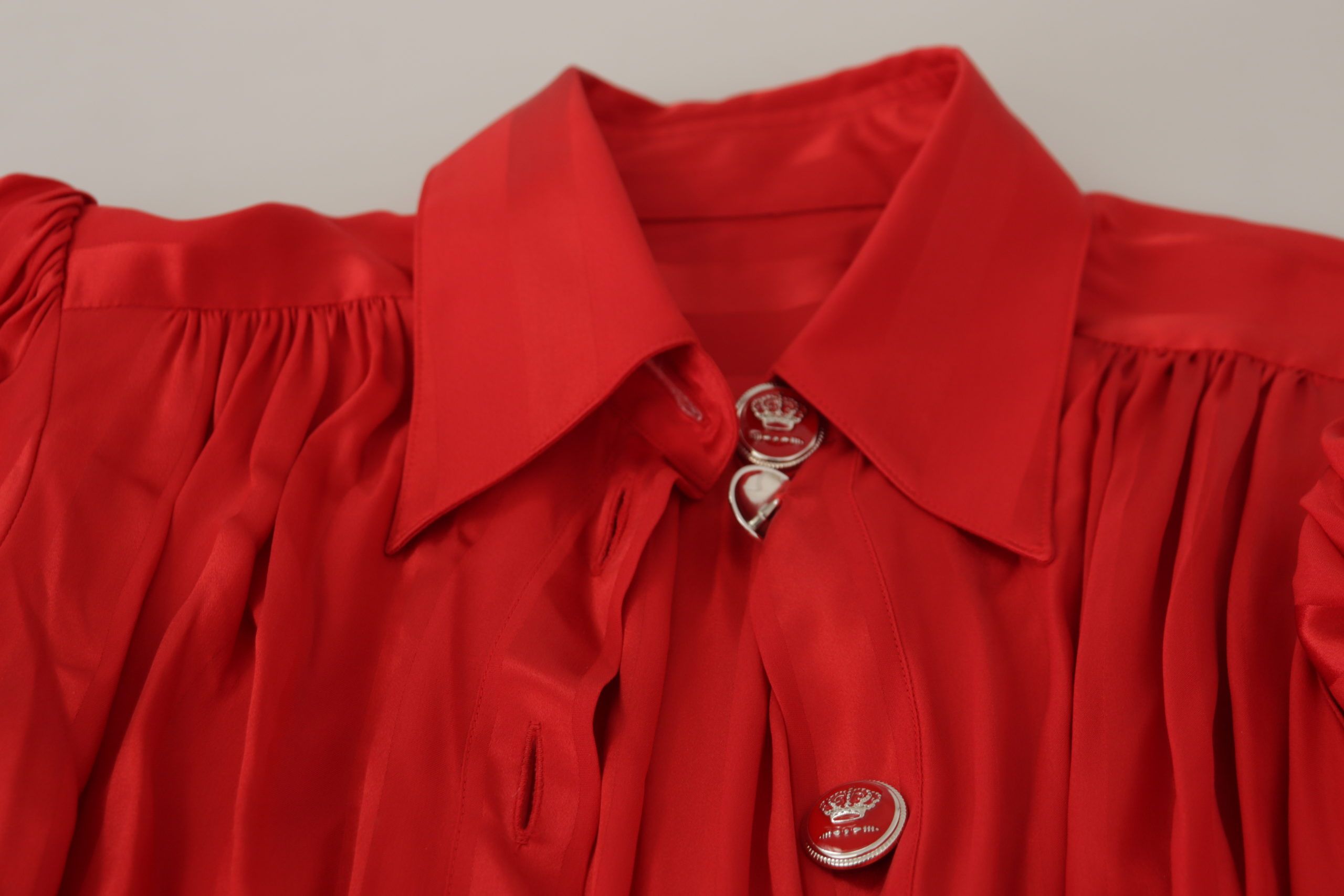 Red Button Down Belted Midi Satin Silk Dress - ventzia