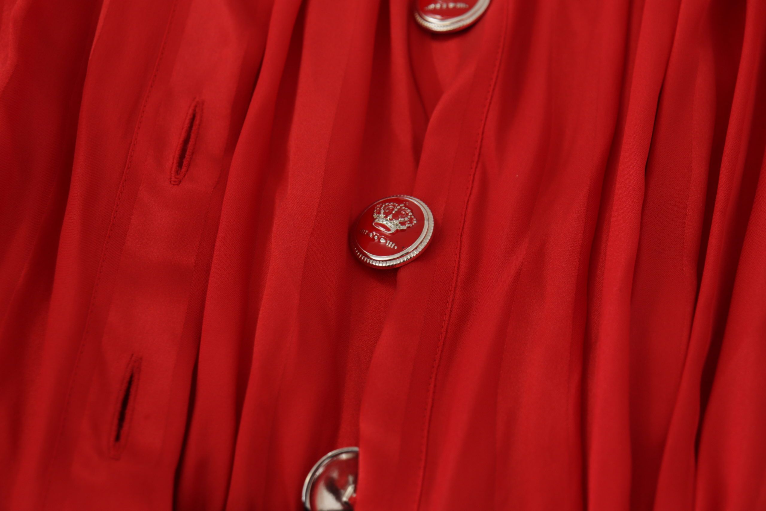 Red Button Down Belted Midi Satin Silk Dress - ventzia