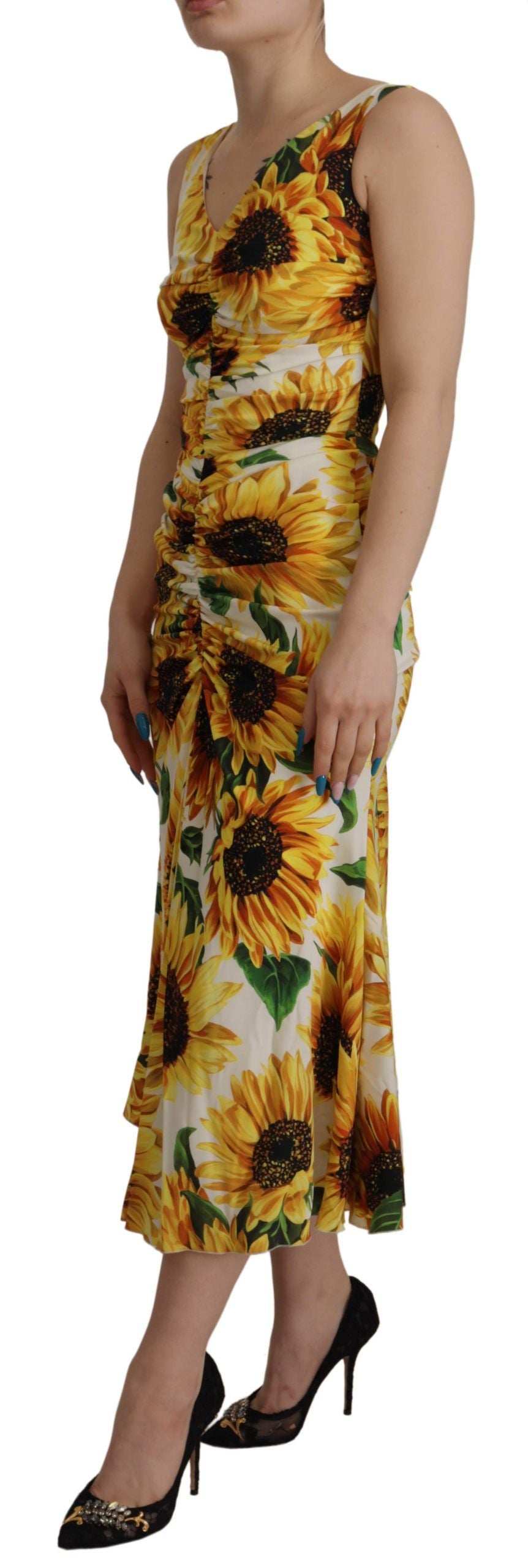 White Sunflower Print Sheath Midi Silk - ventzia