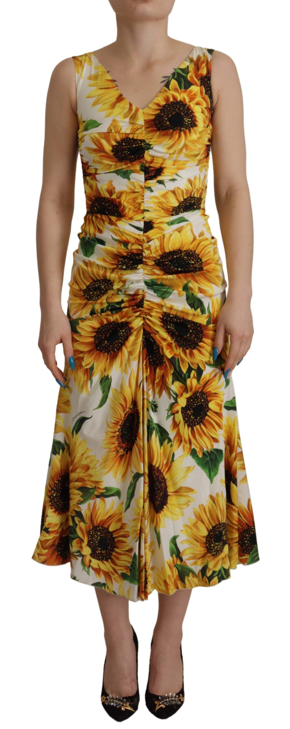White Sunflower Print Sheath Midi Silk - ventzia