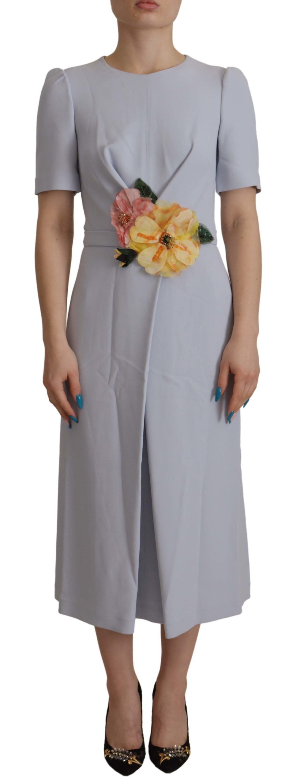 Blue Floral Applique Midi Viscose Dress - ventzia