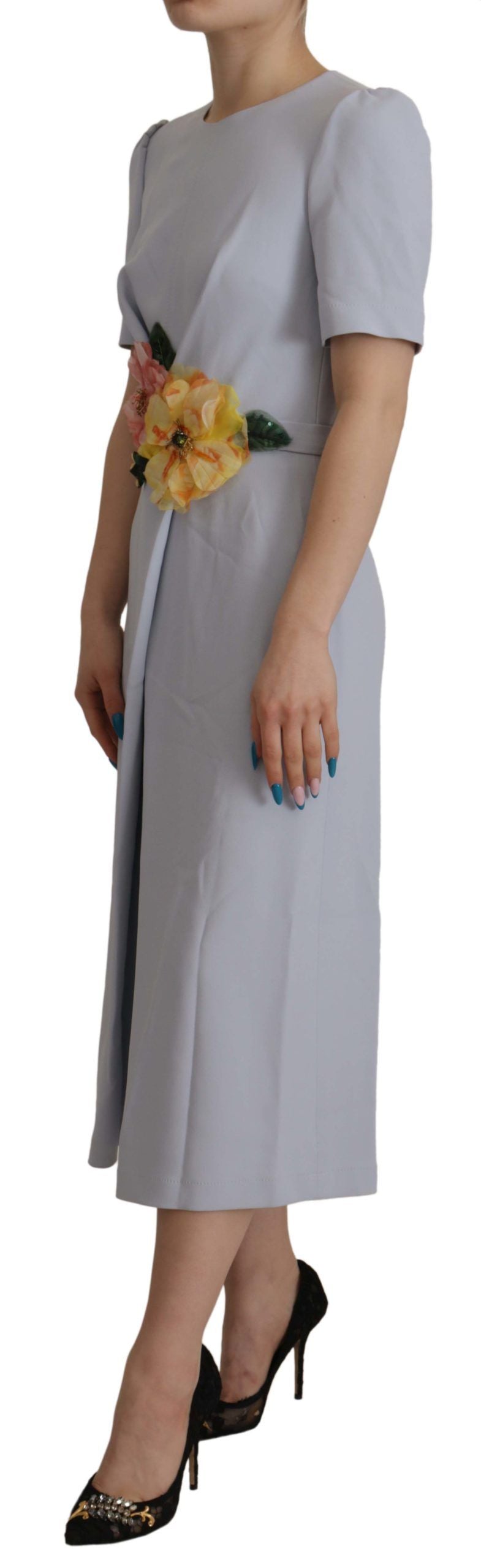 Blue Floral Applique Midi Viscose Dress - ventzia