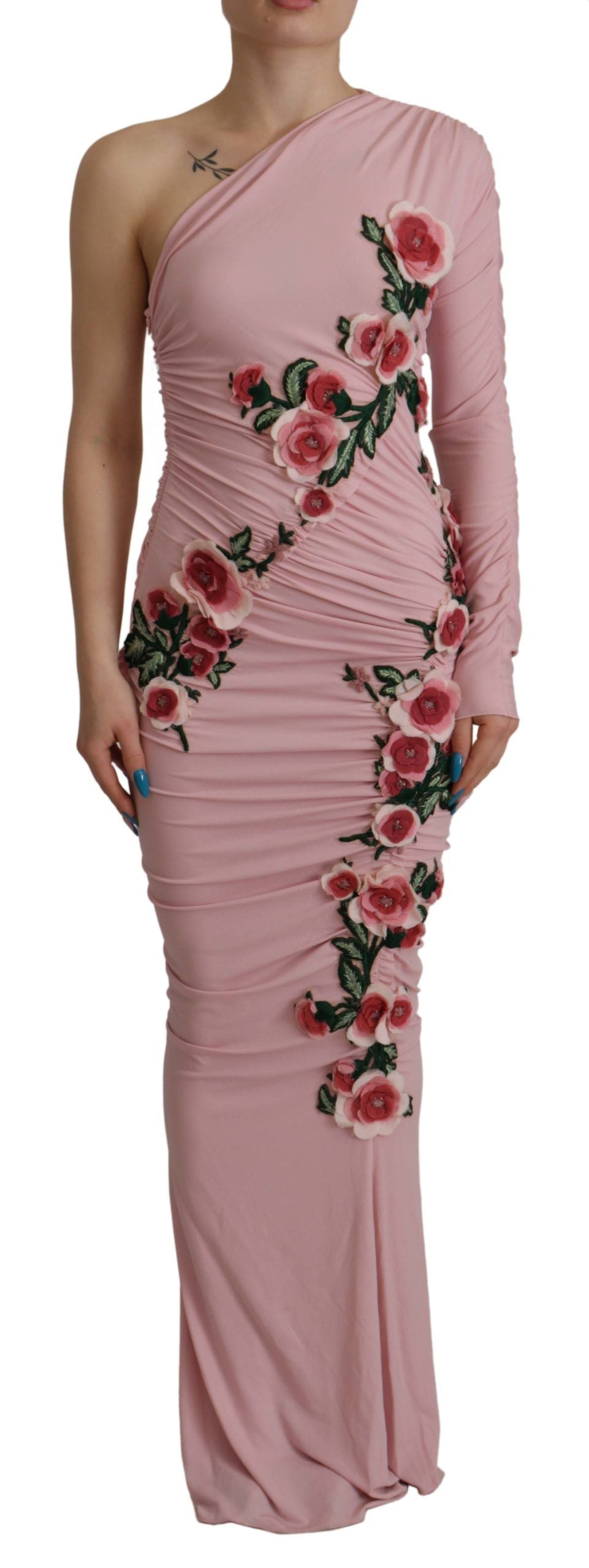 Pink Flower Embellished One Shoulder Dress - ventzia