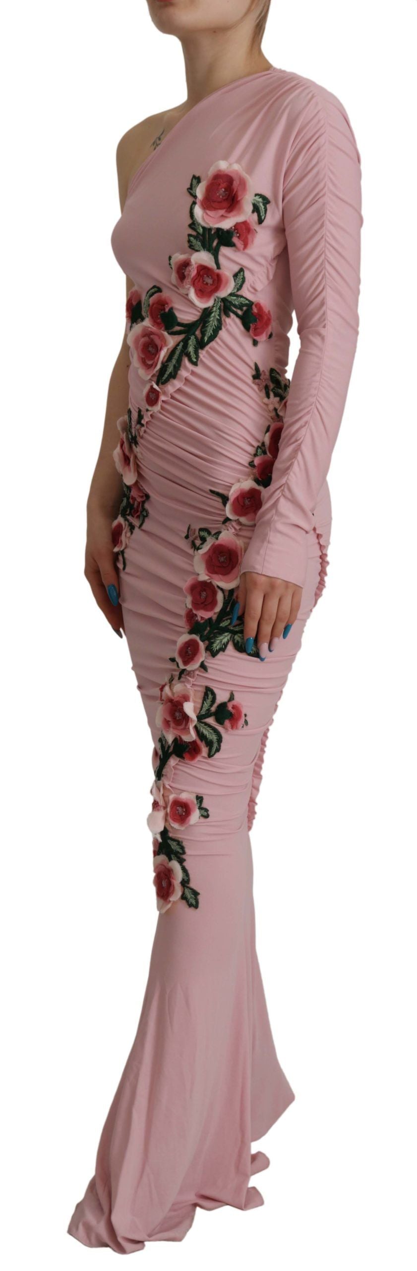 Pink Flower Embellished One Shoulder Dress - ventzia
