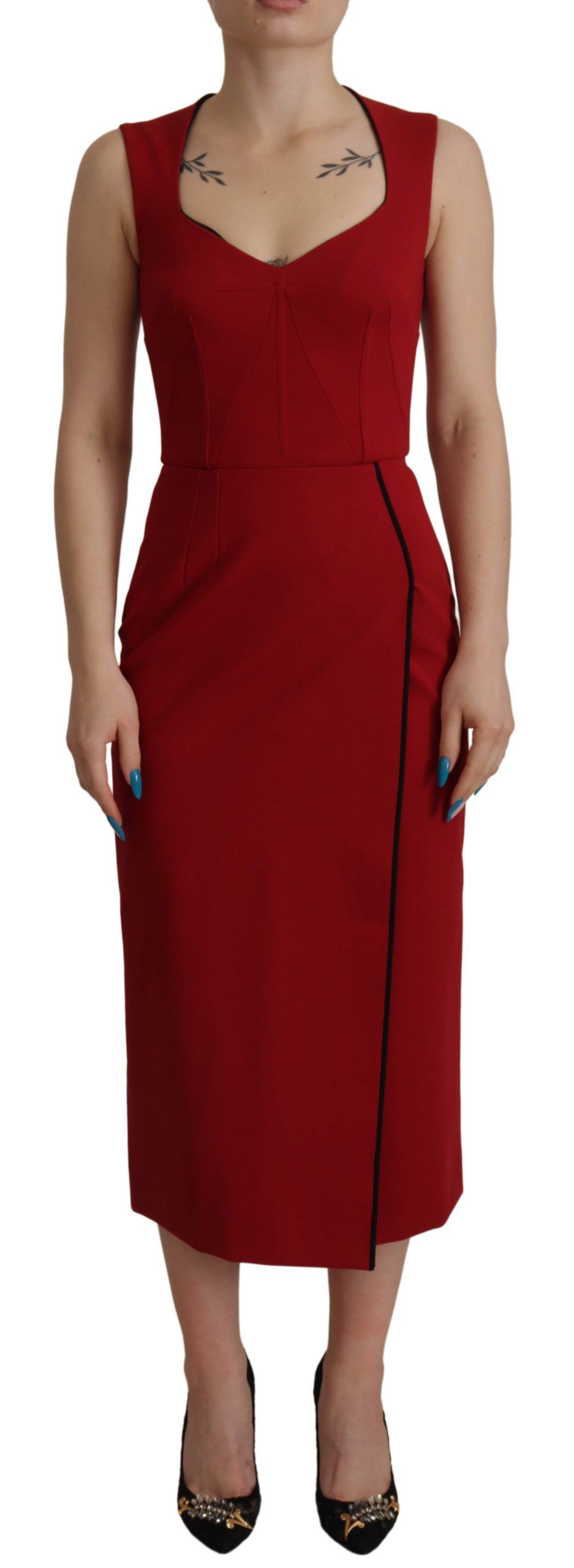 Red Sweetheart Neck Bodycon Midi Dress - ventzia